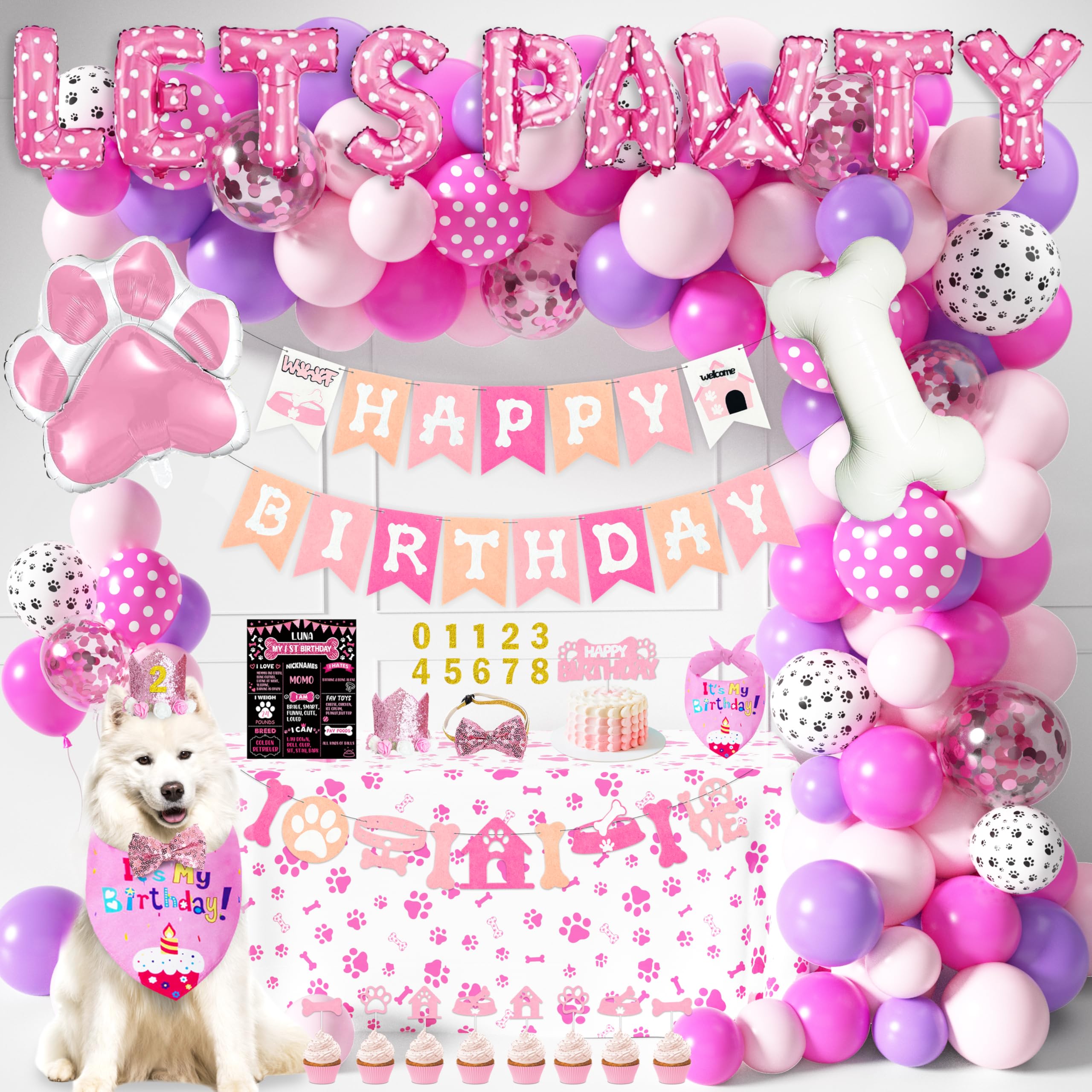 Dog Birthday Party Supplies Puppy Dog Girl Birthday Decorations Set Doggie Banadna Birthday Hat Bow tie Set LETS PAWTY Foil Balloon and Latex Balloon Garland Arch