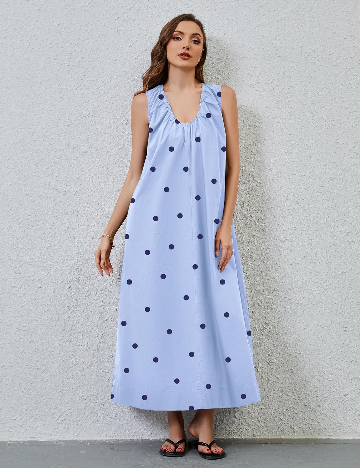 Women Sleeveless Ruched Maxi Dress Scoop Neck Long Elegant Dresses Wide Shoulder Strap Blouse Dress with Side Pockets