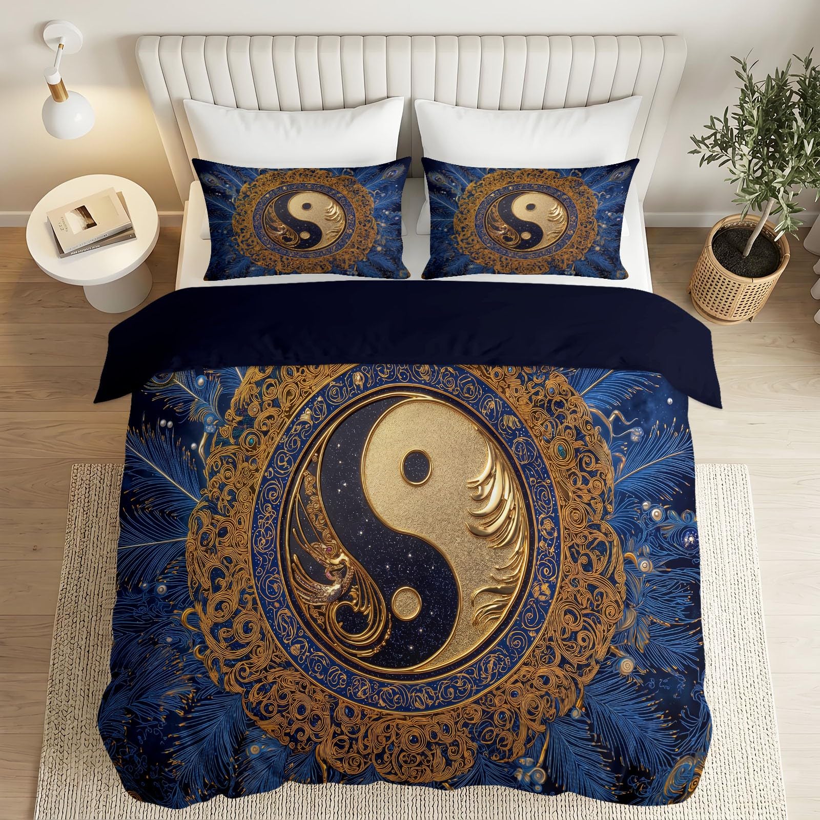 Sommer-Bettwäsche 155 x 220 cmBlack, Vintage OrientalYin Yang Symbol FeatherBettbezug, Bügelfrei & Atmungsaktiv, Waschbare Weich Mikrofaser Bettdeckenbezug für Kinder, Jungen und Mädchen & Jugendliche