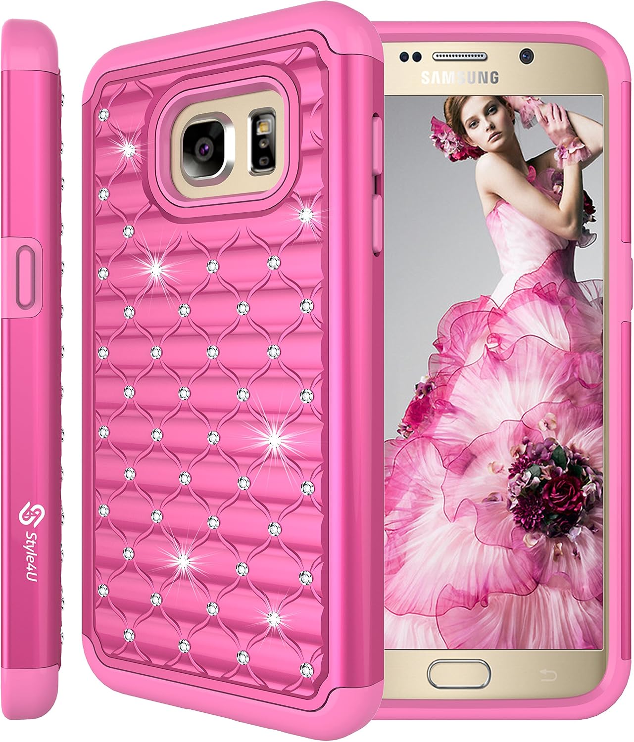 Style4U Galaxy S7 Case, Studded Rhinestone Crystal Bling Hybrid Armor Case Cover for Samsung Galaxy S7 with 1 Stylus [Hot Pink/Hot Pink]