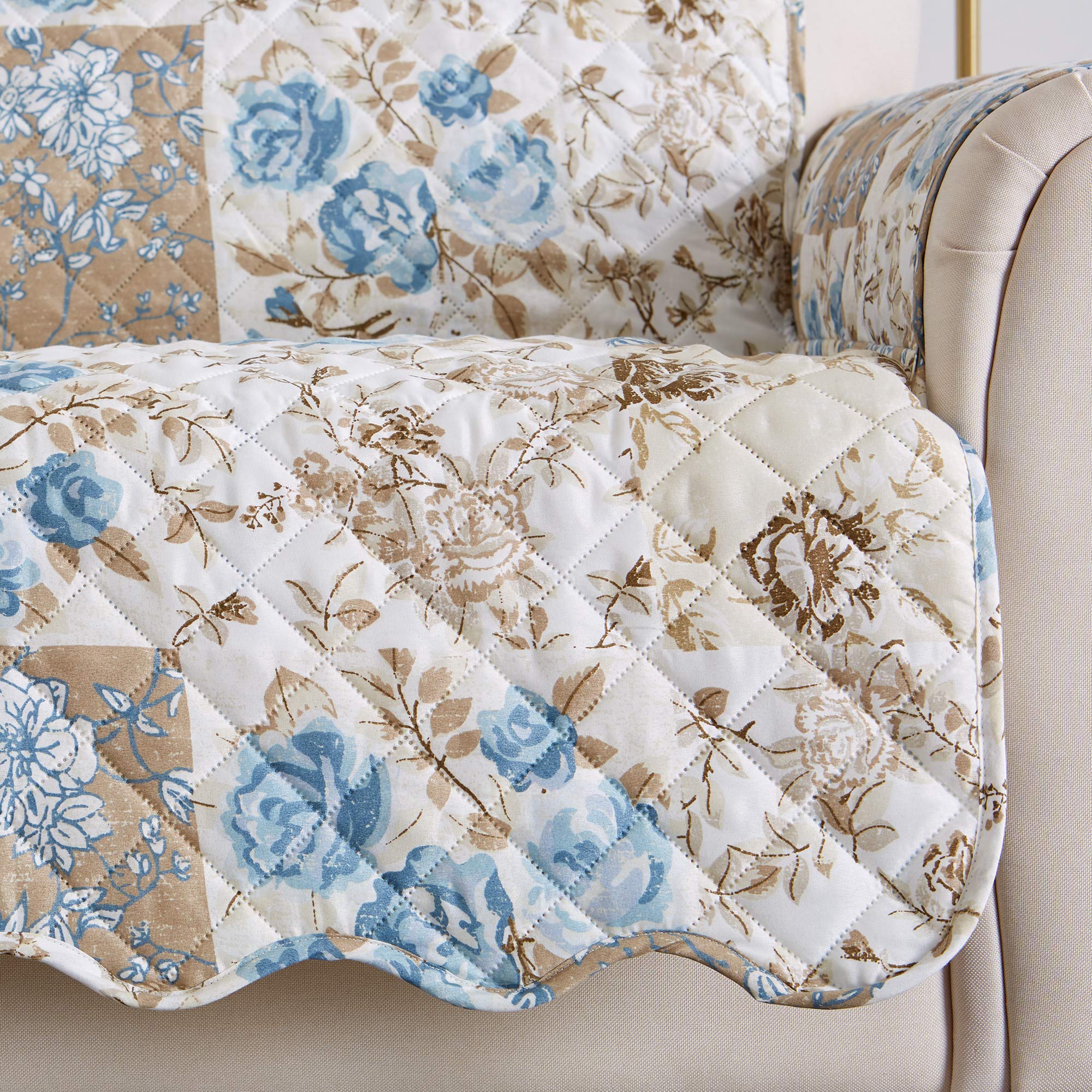 Great Bay Home Reversible Floral Patchwork Furniture Protector Scalloped Edge Stain Resistant Printed Furniture Protector Maribel Collection (Sofa, Taupe/Blue)