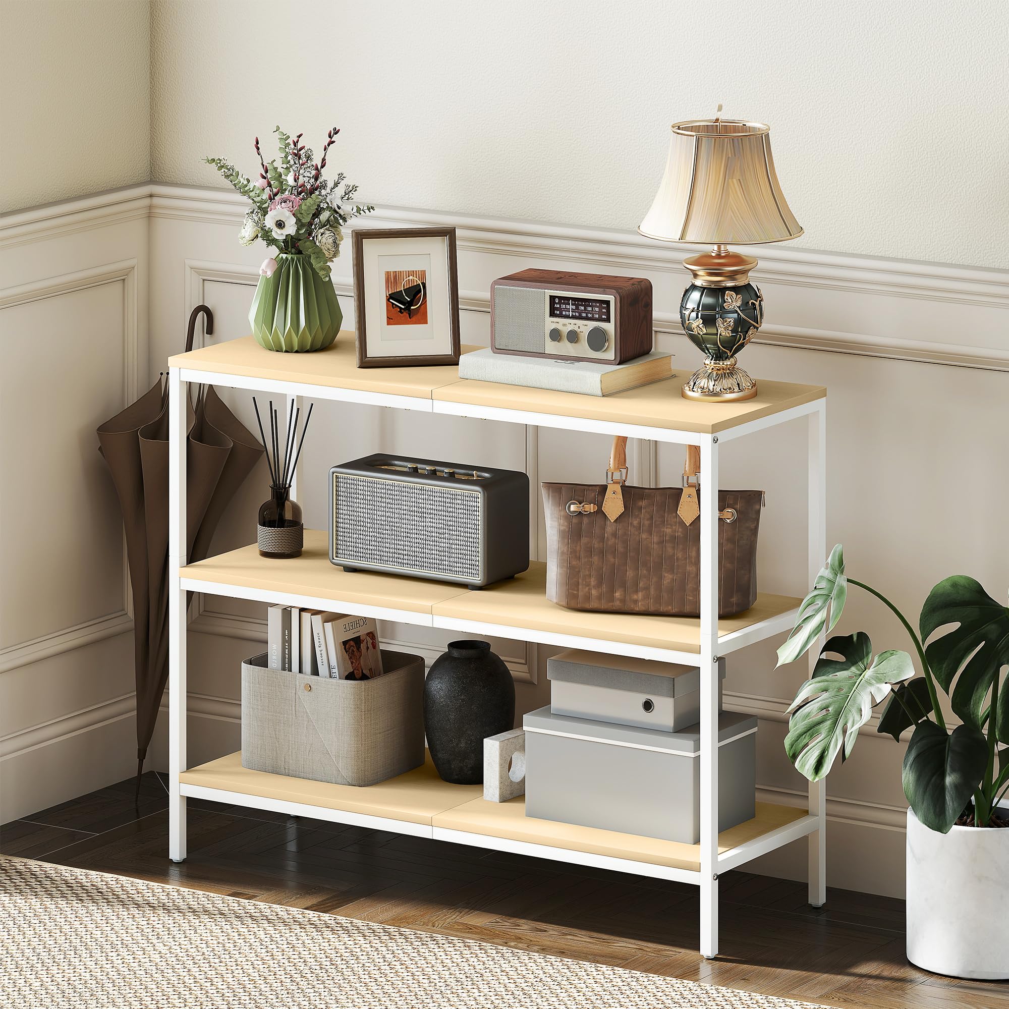HOMCOM Mesa de Consola Estrecha Moderna 101x35x80 cm Natural y Blanco | Consola de Recibidor, Mesa de Recibidor, 3 Estantes Abiertos, Patas de Metal, Pasillo Entrada Salón Dormitorio