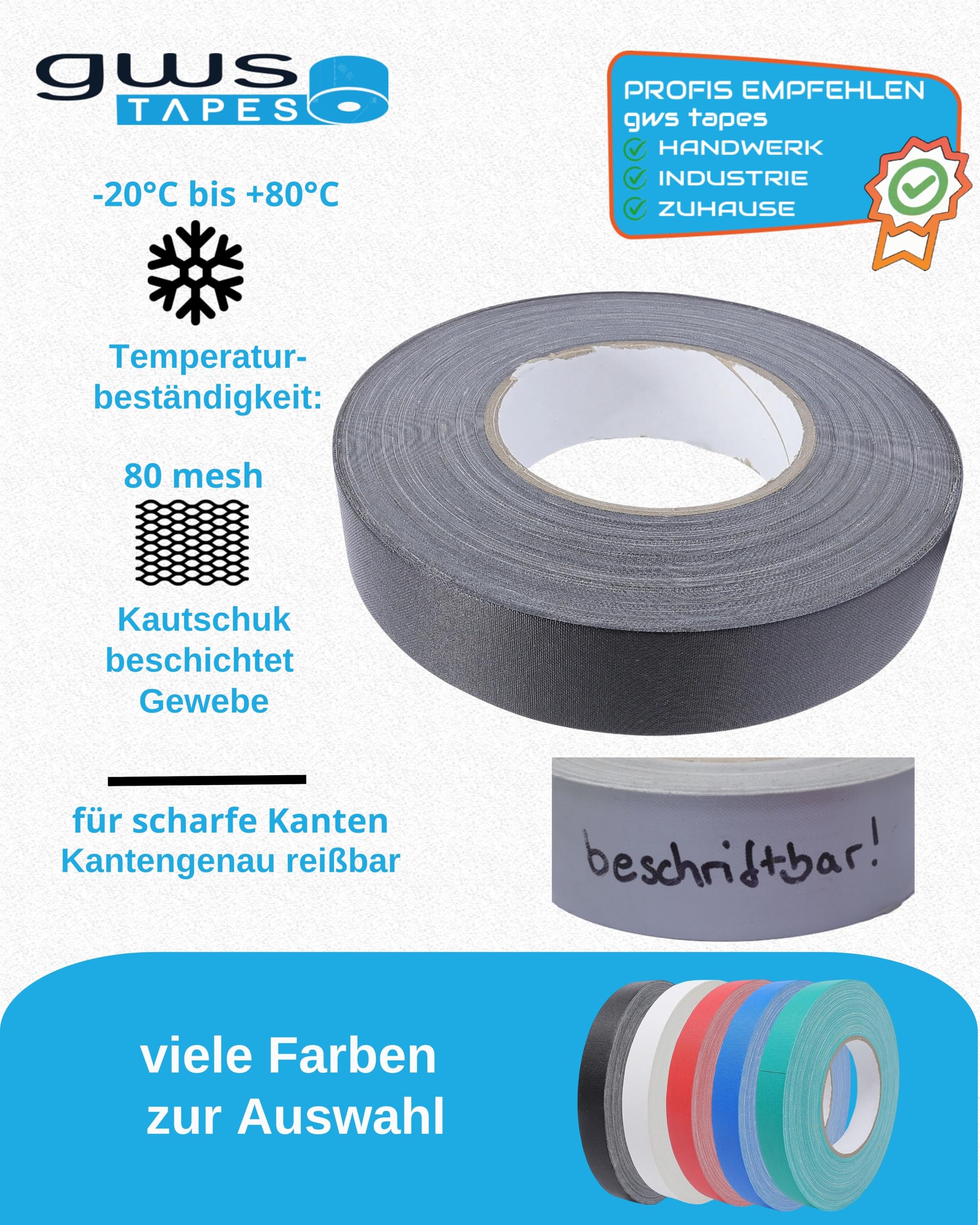 gws Cinta adhesiva de tejido prémium | resistente cinta blindada con adhesivo de caucho natural de calidad profesional (30 mm, 5 colores)
