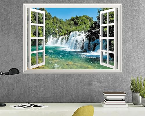 Miniatura 5 de FLFK Adhesivo de pared falso para ventana, mural de pared de cascada para decoración de pared, calcomanías de pared para pegar y despegar, 24 x 16