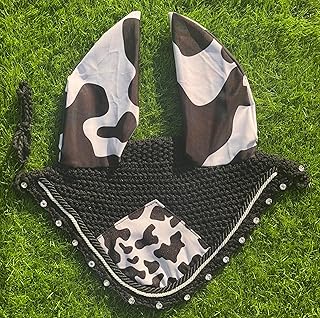 Elegant Cow Print Horse Ear Bonnet, Fly Veil & Fly Mask – Fly Protection with Style and Comfort for Every Ride (Pony)