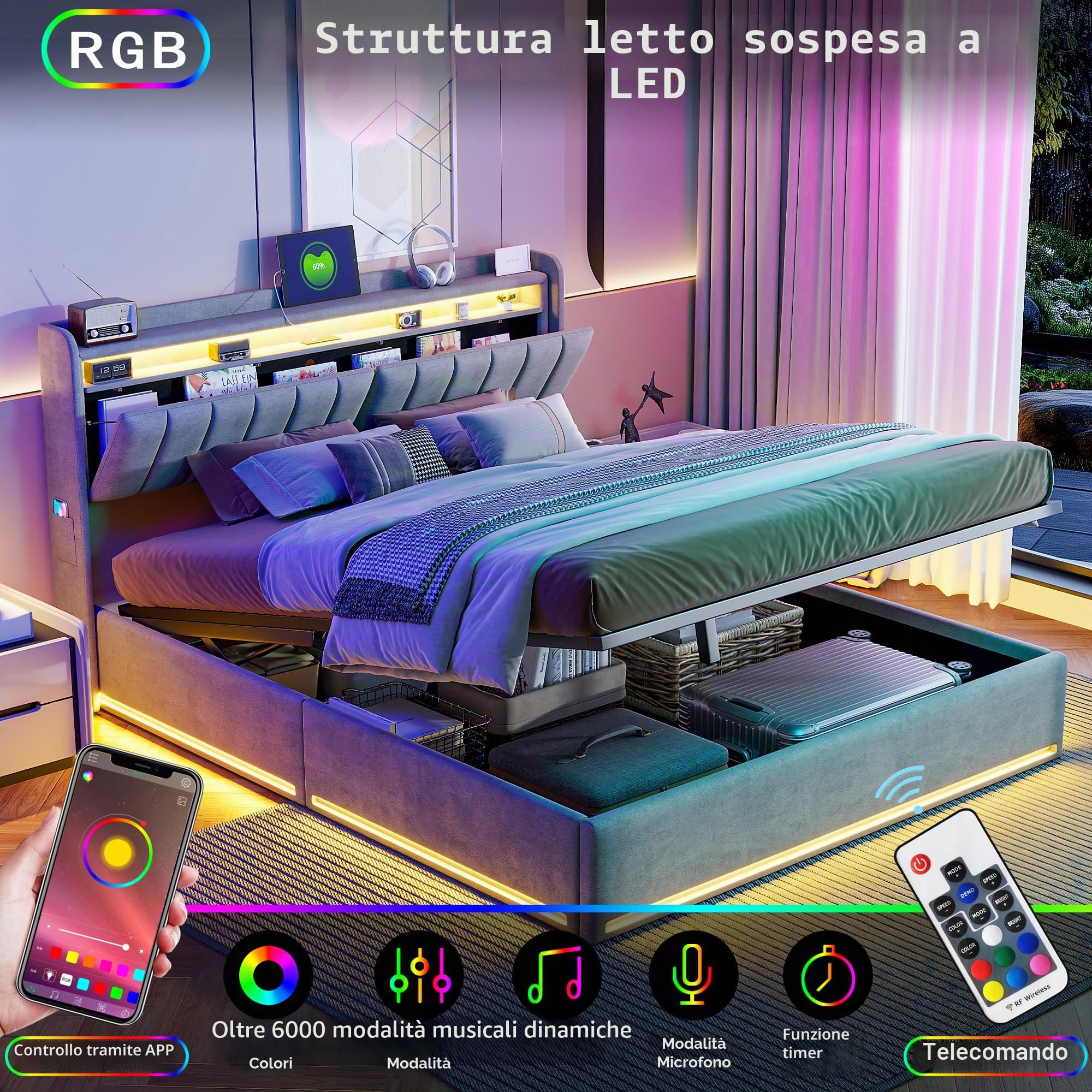 Letto Matrimoniale con Contenitore 160x200 cm,Letto Imbottito con LED e USB,Testiera con Funzione di Stoccaggio,Letto Baule 160 x 200 con Idraulico e Rete a Doghe,Velluto,Grigio
