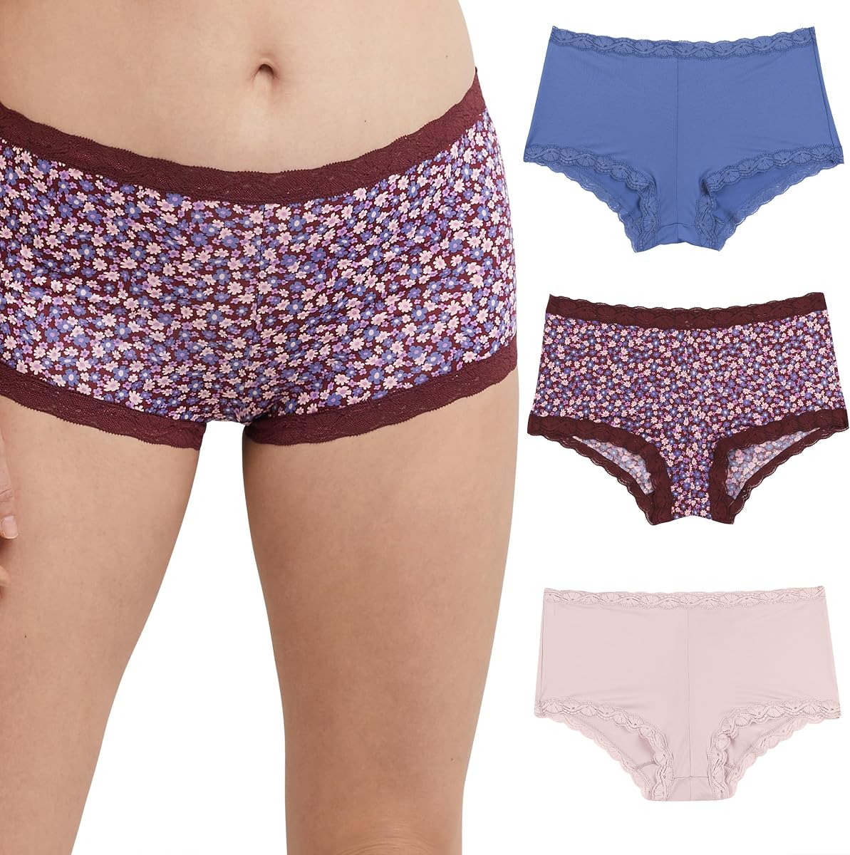 Maidenform Ropa interior tipo boyshort para mujer, microfibra con bragas tipo boyshort de encaje, ajuste fabuloso, paquete de 3