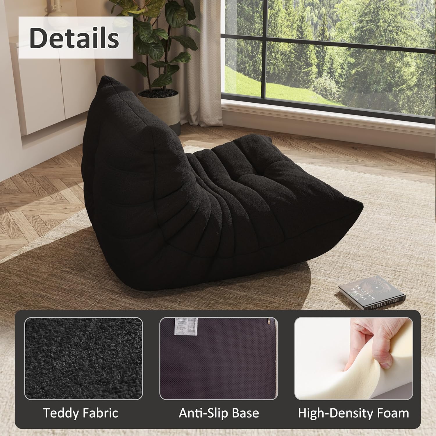 Bean Bag Chairs for Adults, Memory Foam Reading Bean Bag Sofa Chair with Faux Fur Filler, Fireside Floor Gaming Chairs for Living Room, Bedroom and Office(Black, Small) - Image 5