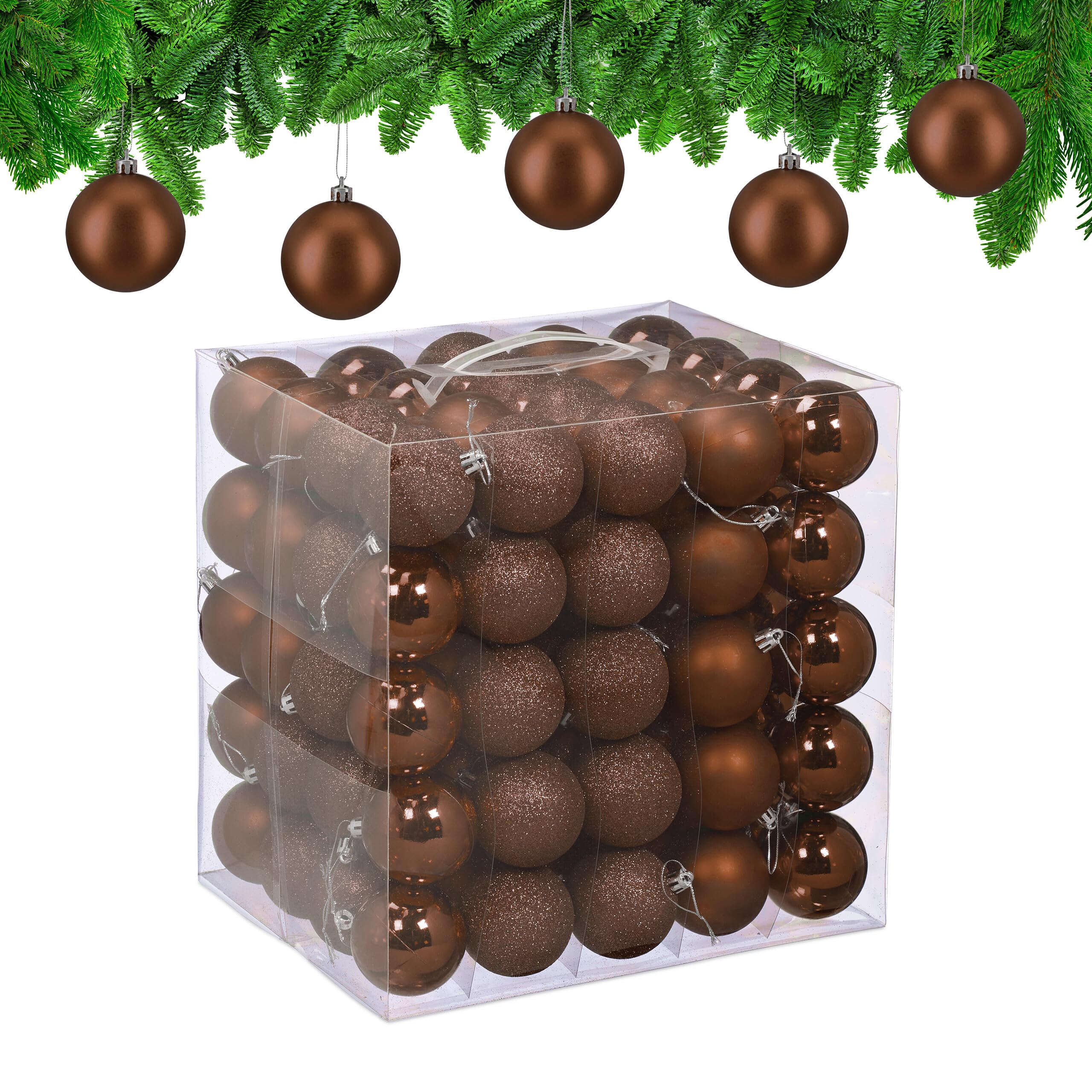 Relaxdays Palline di Natale, Set 100 Palle Albero, Addobbi Natalizi, ∅ 6 cm, in Plastica Opaca, Lucida, Glitter, Marrone