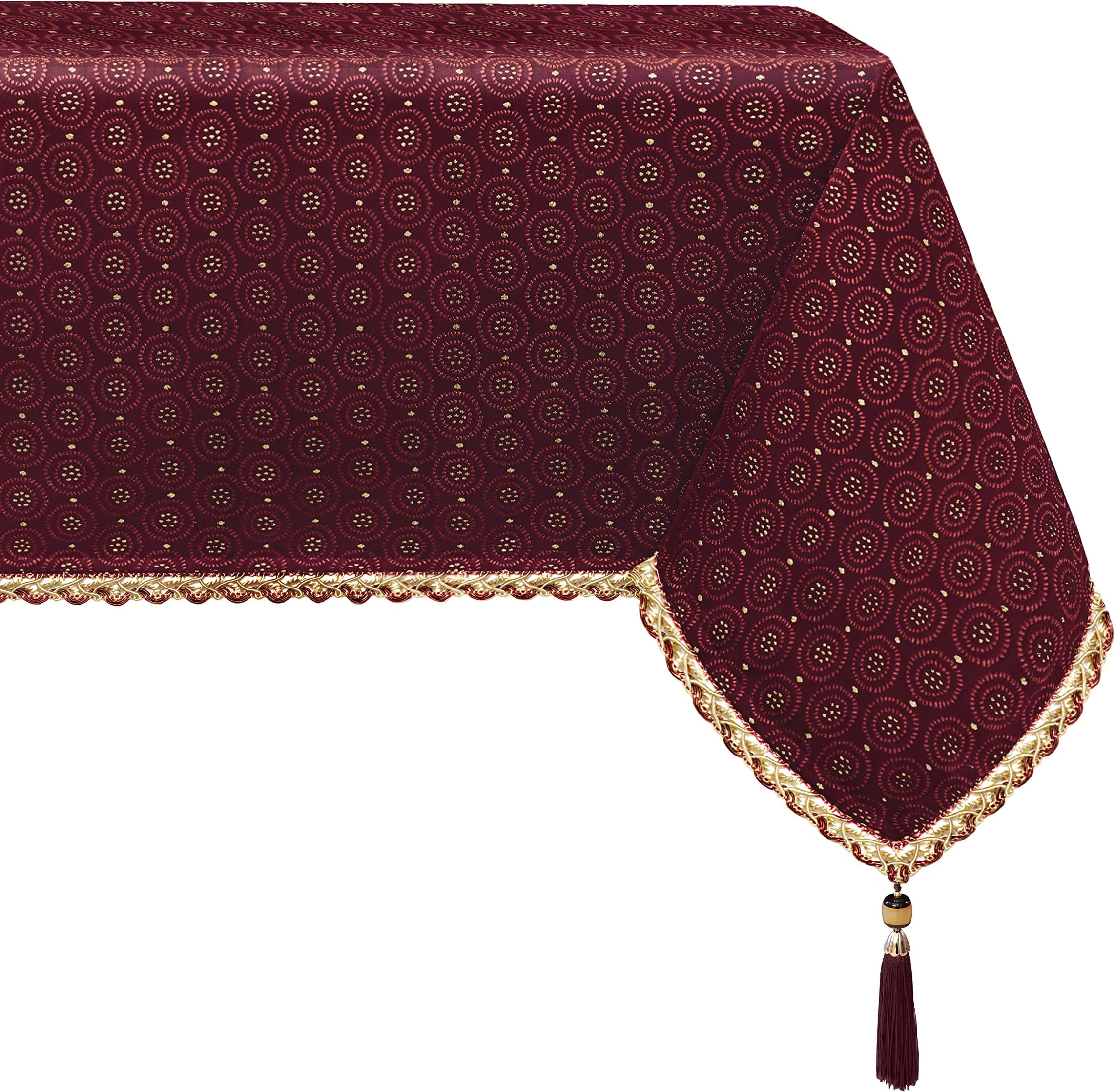 Loom and Mill Luxury Rectangle Tablecloth 60 x 120 Inches, Vintage Damask Golden Dots Boho Waterproof Table Cloth with Handmade Tassels for Dining Table Christmas Decorations(Wine Red, 60x120 Inch)
