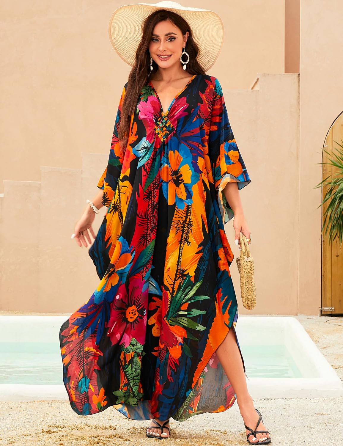 MAKABO Kaftan Dresses for Women, V Neck Moo Moos Colorful Print Cover Ups Caftan Beach Dresses for Swimwear Multicolor Flower image 6 of 8 B0DFPY158Q