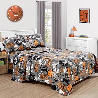Chezmoi Collection 3-Piece Kids/Teens Basketball Sheet Set - Soft Microfiber Gray Orange Black Printed Sports Basketball Slam Dunk Fun Kids Sheets, Twin Size