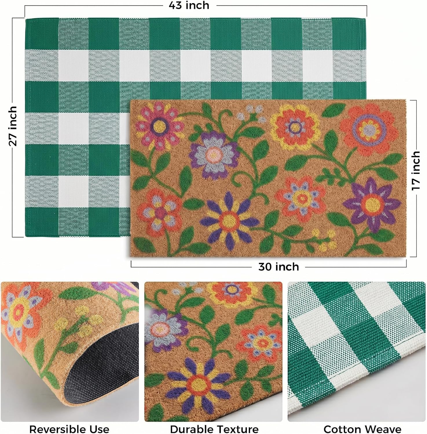 Layered Doormat Set, 27"x43" Green White Buffalo Plaid Rug and 17"x30" Floral Welcome Mat, Farmhouse Spring Front Door Mat for Entryway Porch Indoor Outdoor Decor (Flowers)