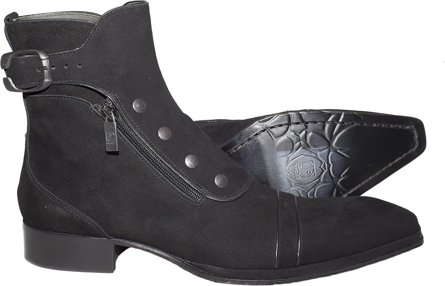 Jo Ghost 804 Italian mens black suede ankle boots with 2 zippers and studs