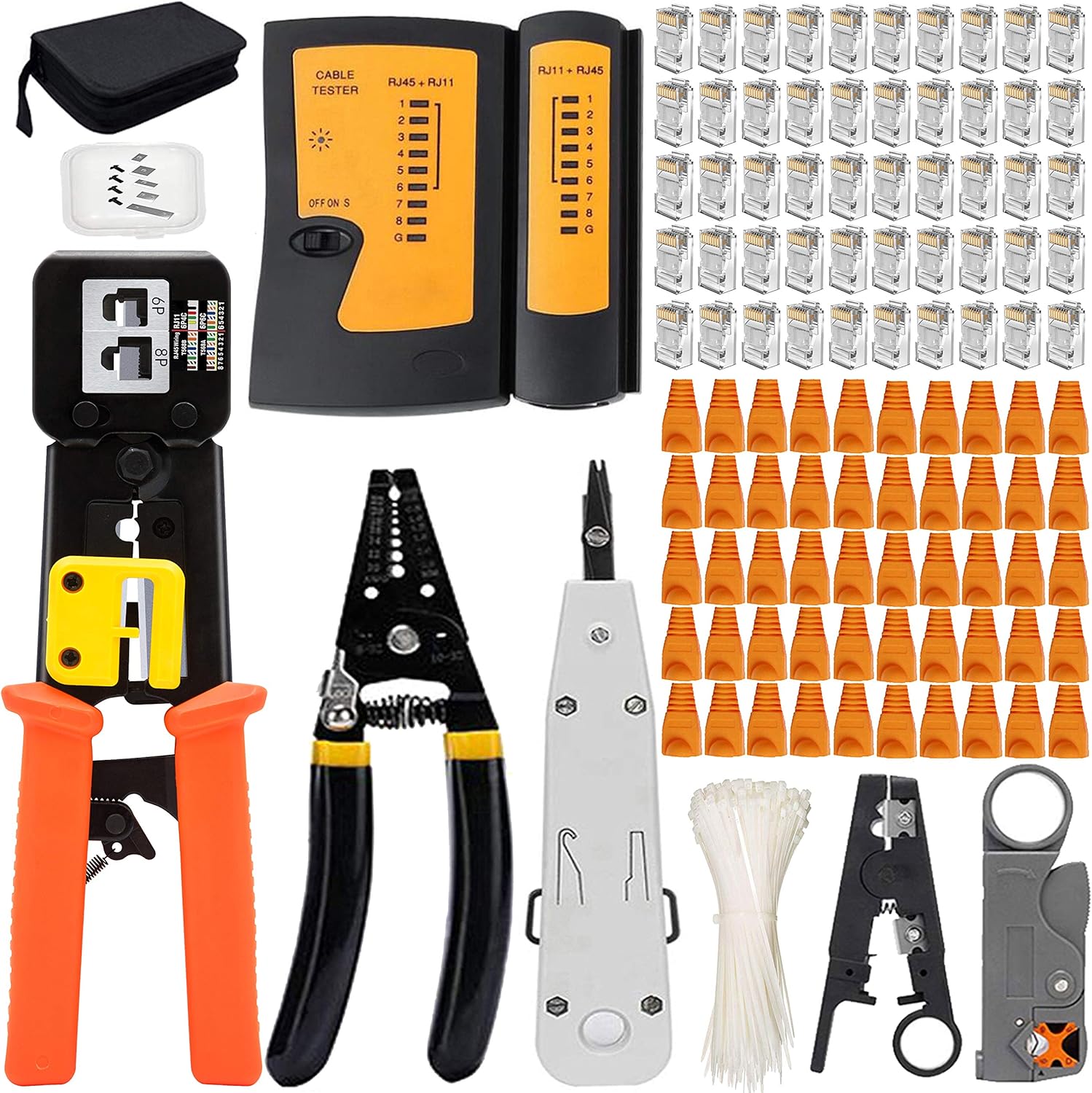 LEATBUY RJ45 Crimp Tool Kit CAT5 Crimper CAT6 RJ45 Crimping Tool Set, 50PCS Connectors, 50PCS Covers, Network Ethernet Cable Tester, Wire Punch Down Cutter Plier(Black)