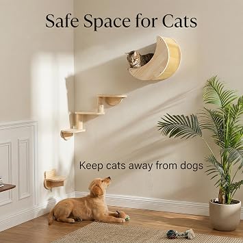 Cat Wall Shelves, Solid Wood Moon Bed, 3-Step Ladder & Perch for Climbing