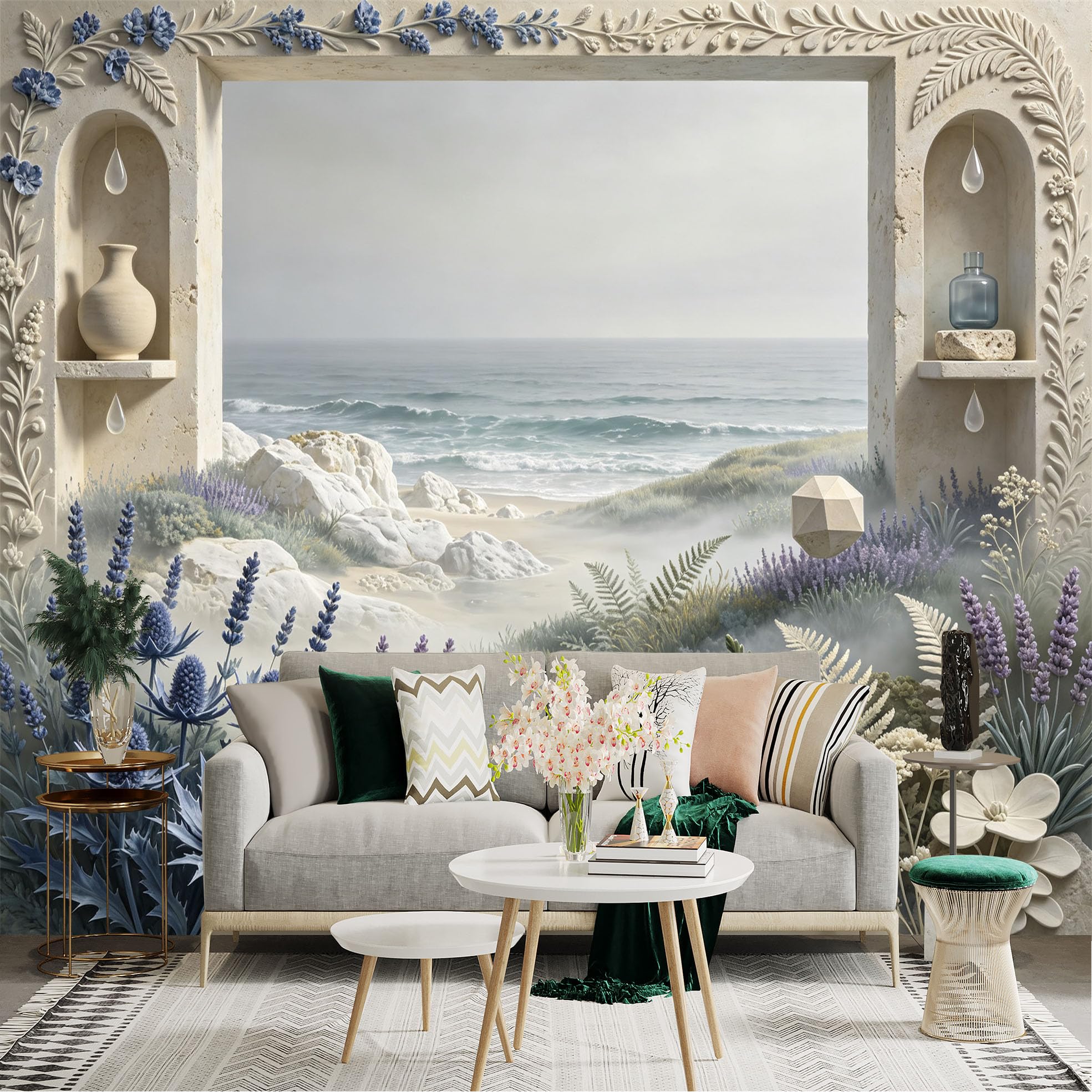 Lnzczhyre Bh260719289 Custom Size Wall Sticker Mural， Coastal Mediterranean View， Stone Archway With Sea And Flowers， For Wall Decoration， Peelandstick Wall Decals.