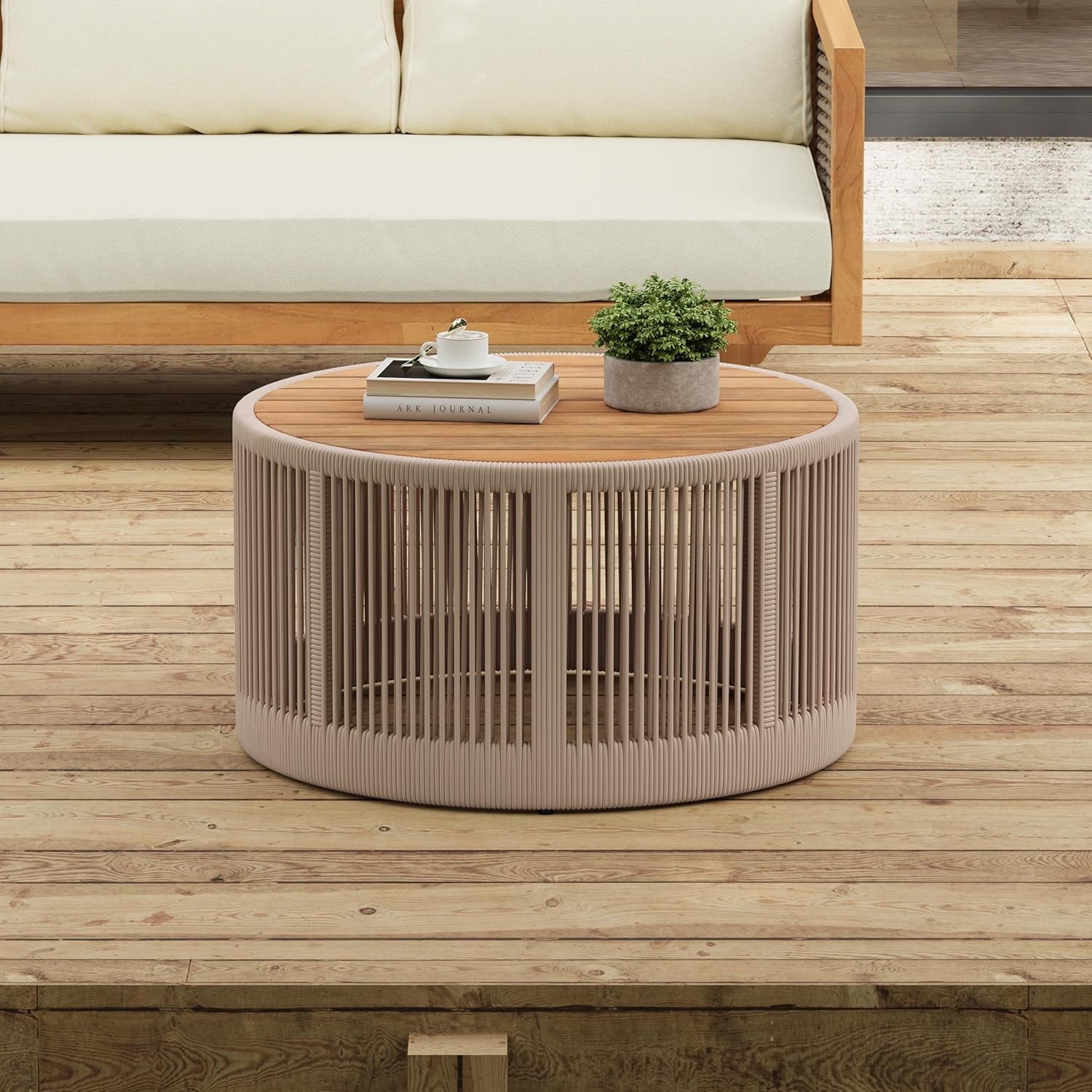 Christopher Knight Home Aueket Rustic Acacia Wood Coffee Table, 26" Round Farmhouse Outdoor Patio Center Table, Boho Home Decor, Iron Frame Rope Design, 220lbs Capacity, Easy Assembly, Teak+ Beige