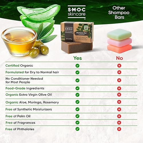 Miniatura 5 de Barras de champú orgánicas certificadas, paquete de 3, para cabello seco a normal, hechas con moringa, romero y aloe nutritiva para el cabello,