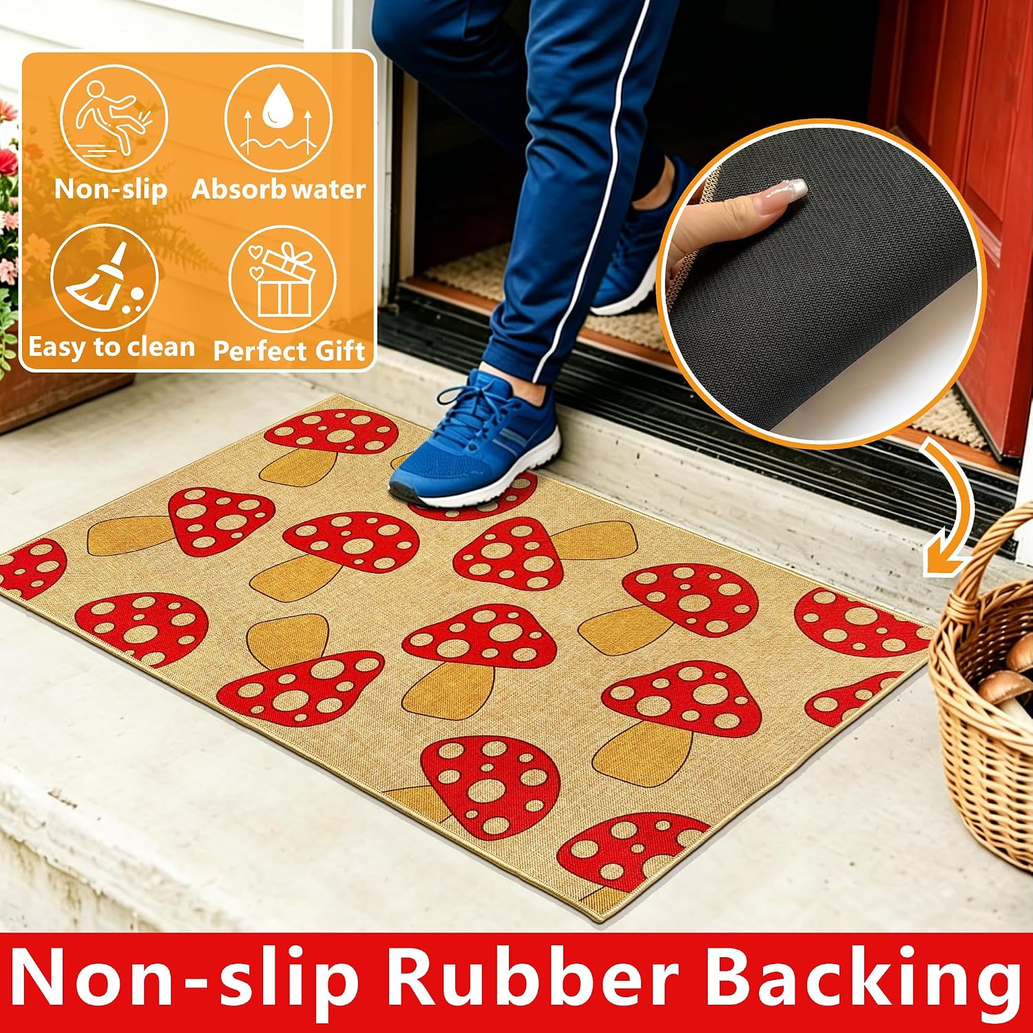Mushroom Welcome Doormat Outdoor Non Slip Entrance Door Mat Cute Mushroom Entryway Decor Front Door Entry Mat Floor Carpet for Hallway Porch Rug Kitchen Inside Outside Housewarming Gift image 4