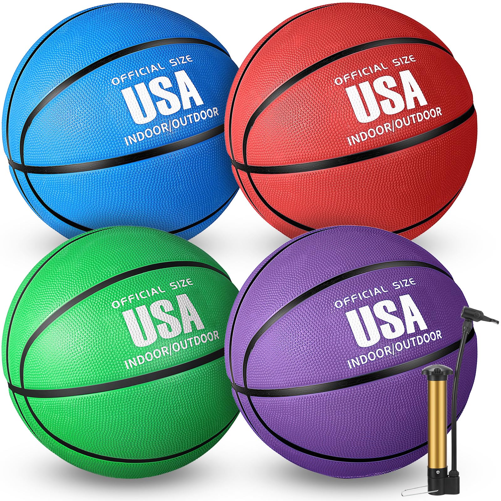 4 Pcs Rubber Basketball Bulk | Official Size for Kids Adult Youth, Training Streetball Basketball with Pump Indoor Outdoor, Training School Recess Equipment