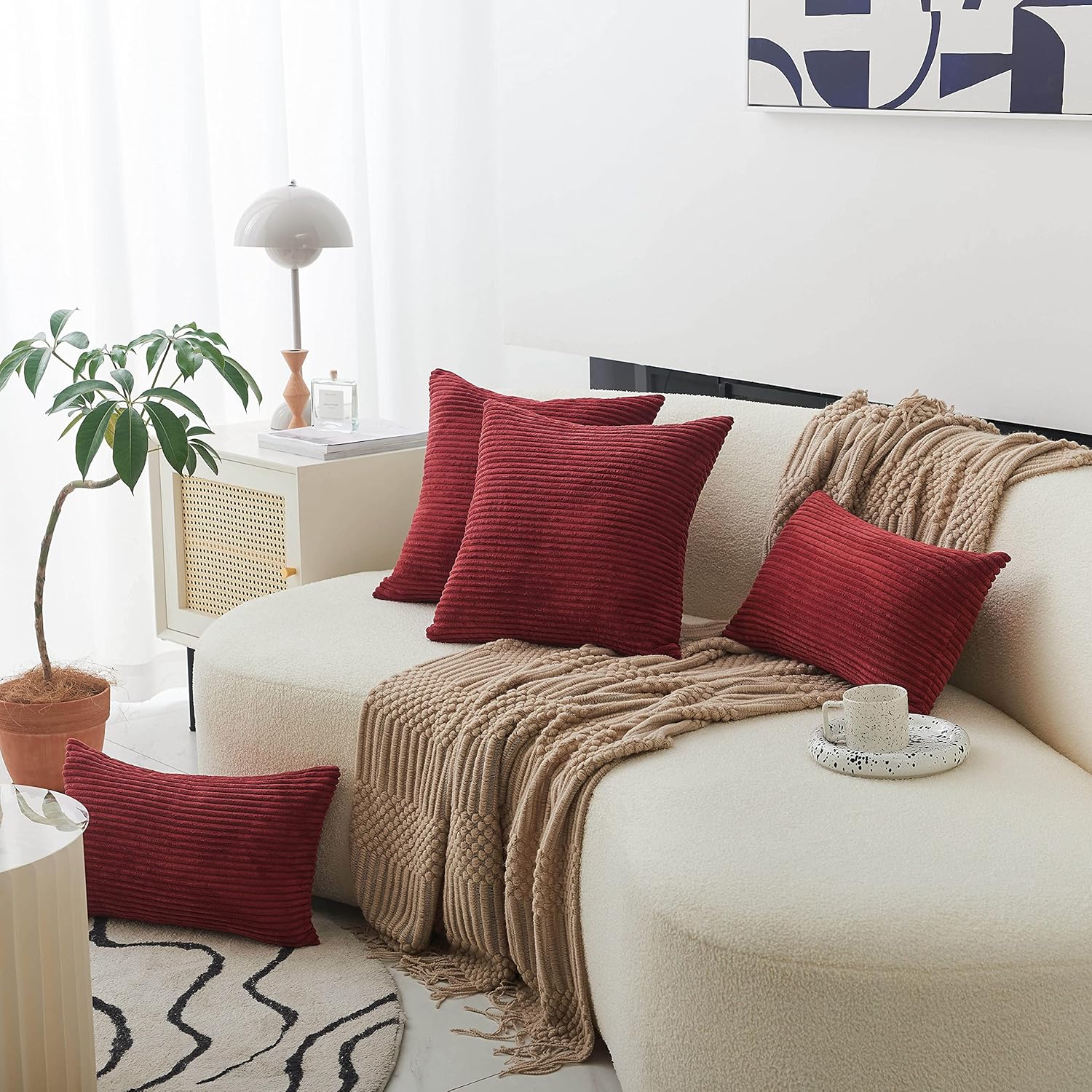 Home Brilliant 18x18 Pillow Cover Dark Red Plush Corduroy Pillow Cover Decoration Striped Velvet Throw Pillow for Couch Sofa Bed Living Room Bedroom Valentine's Day, 18 x 18 Inch, Burgundy - Image 3