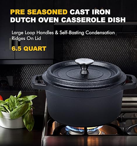 Miniatura 3 de Bruntmor - Horno holandés redondo de hierro fundido esmaltado precurado de 6.5 cuartos de galón, con tapa y asa utensilio de cocina resistente para