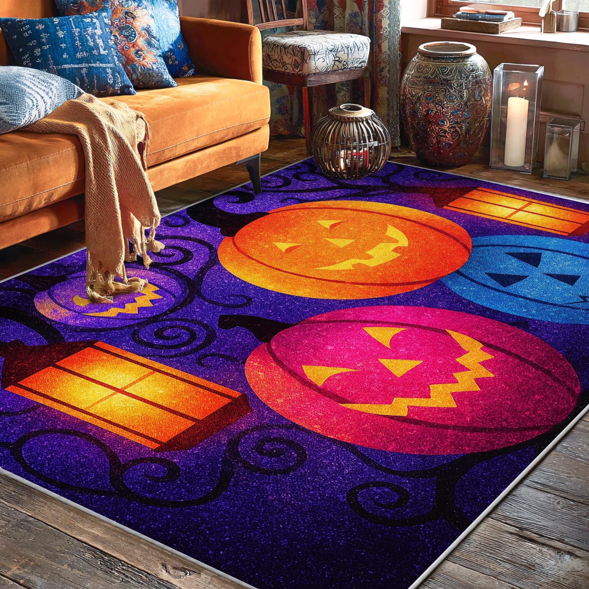 Tapis citrouille Halloween de 1,5x2,1 m à poils ras pour grand salon et salle à manger festive