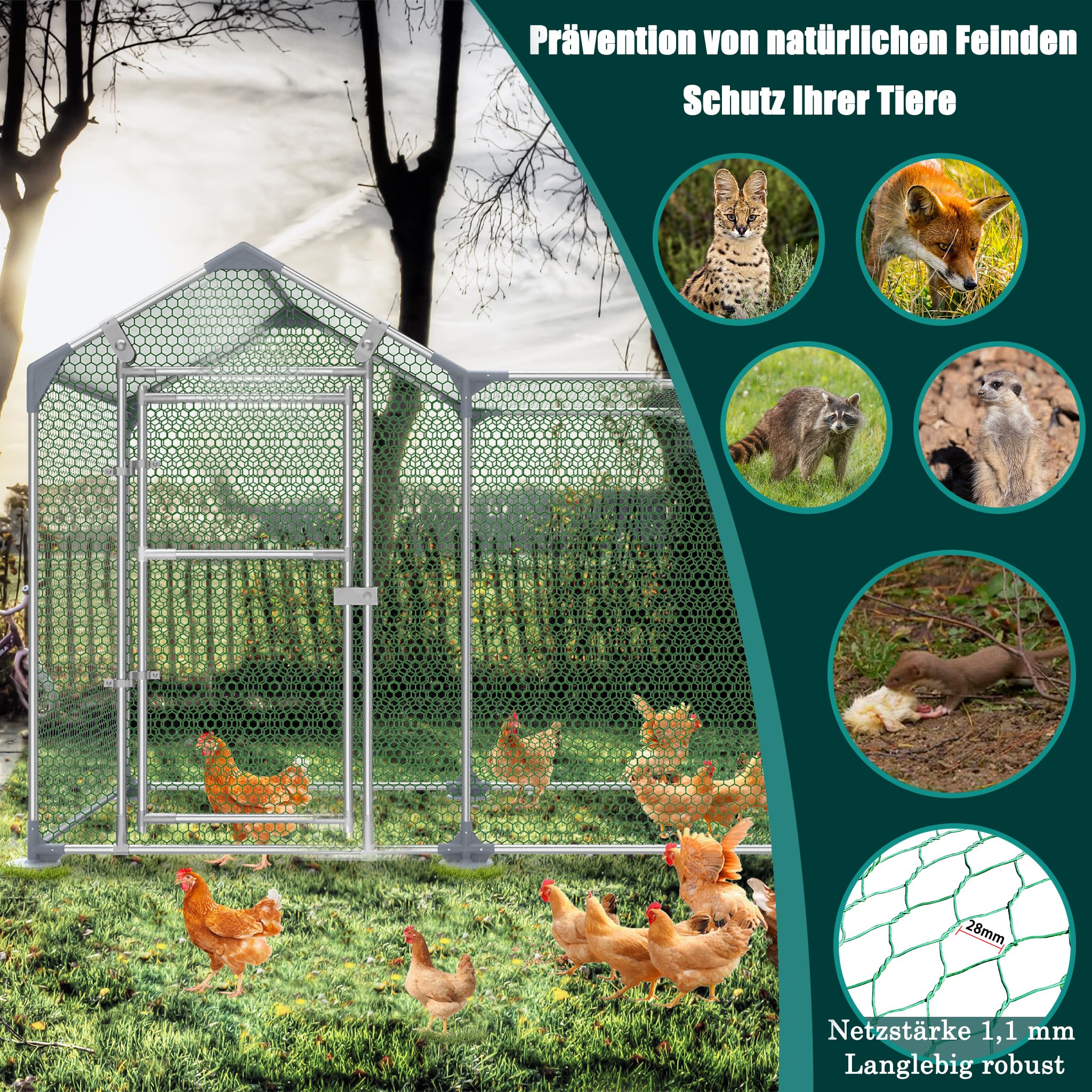 Gallinero con tubo de acero galvanizado, con techo de PE y clavos de suelo, Gallinero, rejilla de alambre recubierta de PVC, para pollos, jaula de pájaros, jaula para mascotas, 2 x 1 m (largo