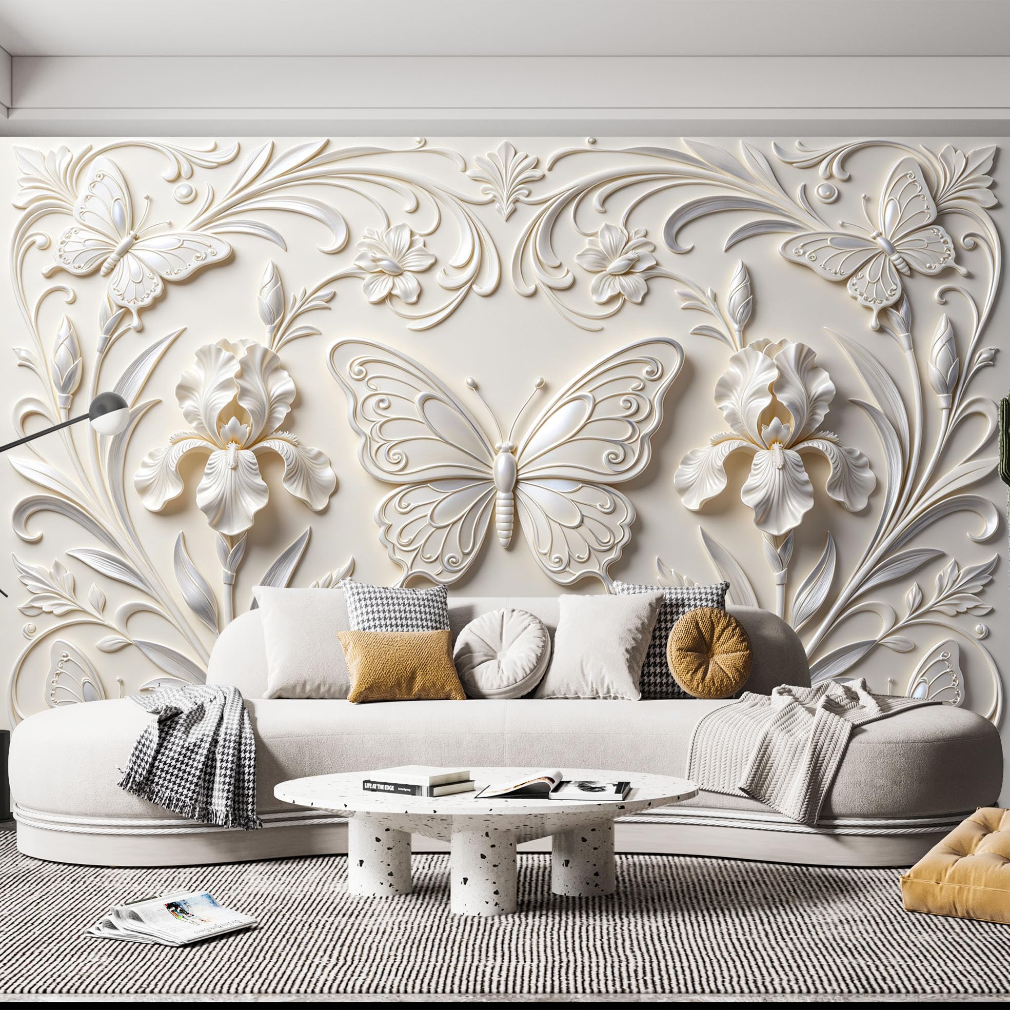 Tłoczony kwiatowy wzór 3D tapeta z włókniny motyl i irys styl barokowy elegancki kremowy kolor kości słoniowej 450 x 315 cm idealna do dekoracji sypialni lub ścian salonu