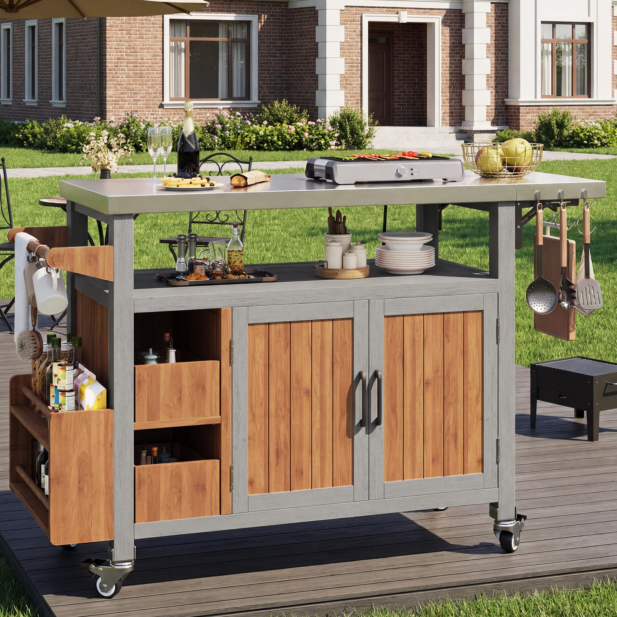 BBQ Beistelltisch, Beweglicher Gartenschrank, wetterfest, Arbeitsplatte aus Edelstahl, Grillwagen, Servierwagen mit ausziehbarer Seitenablage, 3 Haken, Regal für Snacks und Gewürze