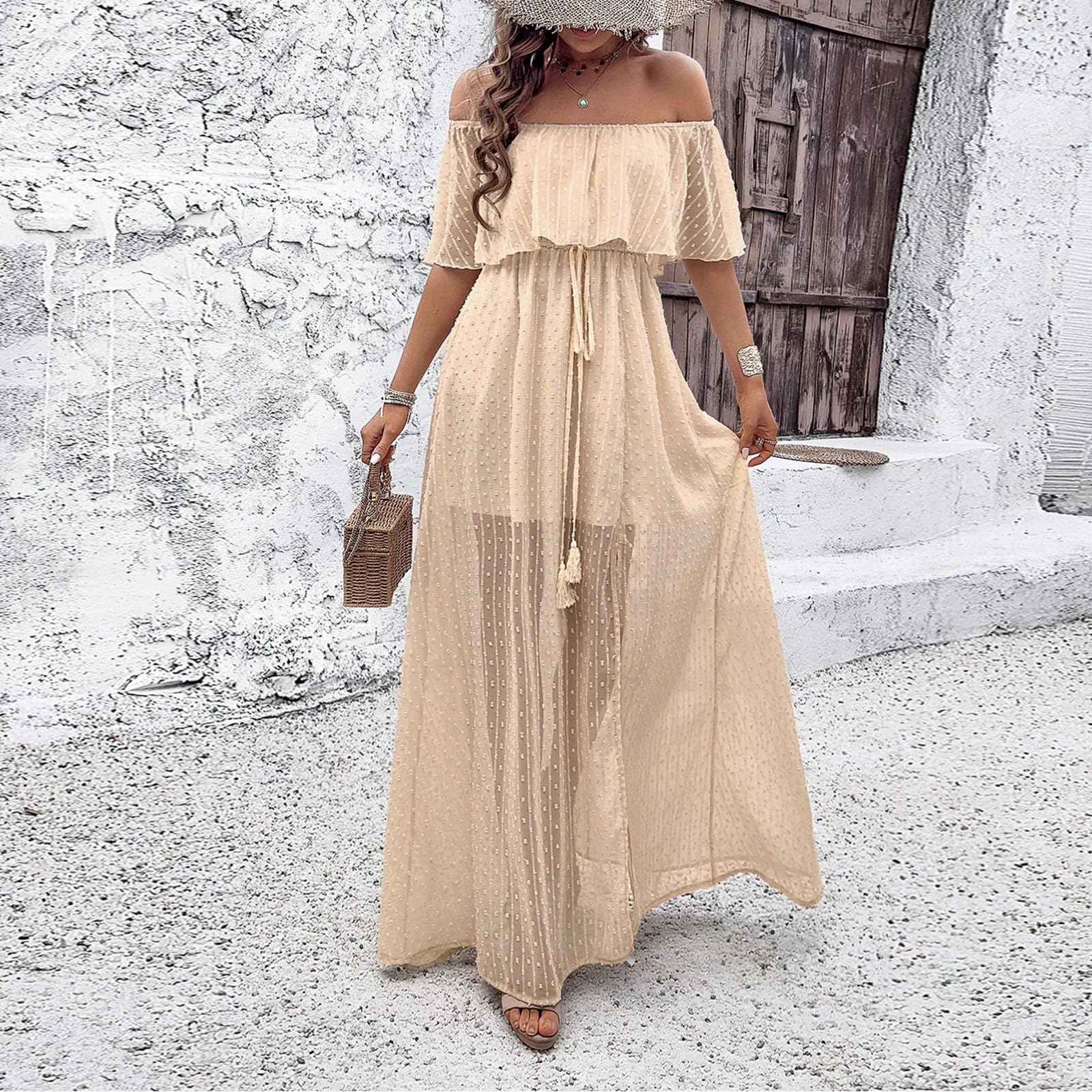 Schulterfreies Kleid Damen Sommer Elegant Sommerkleid Lang A-Linien Maxikleider Mit Schlitz Sommerkleider Leicht Und Luftig Boho Kleider Maxi Mit Gürtel Strandkleid Off Shoulder Mit Ärmeln
