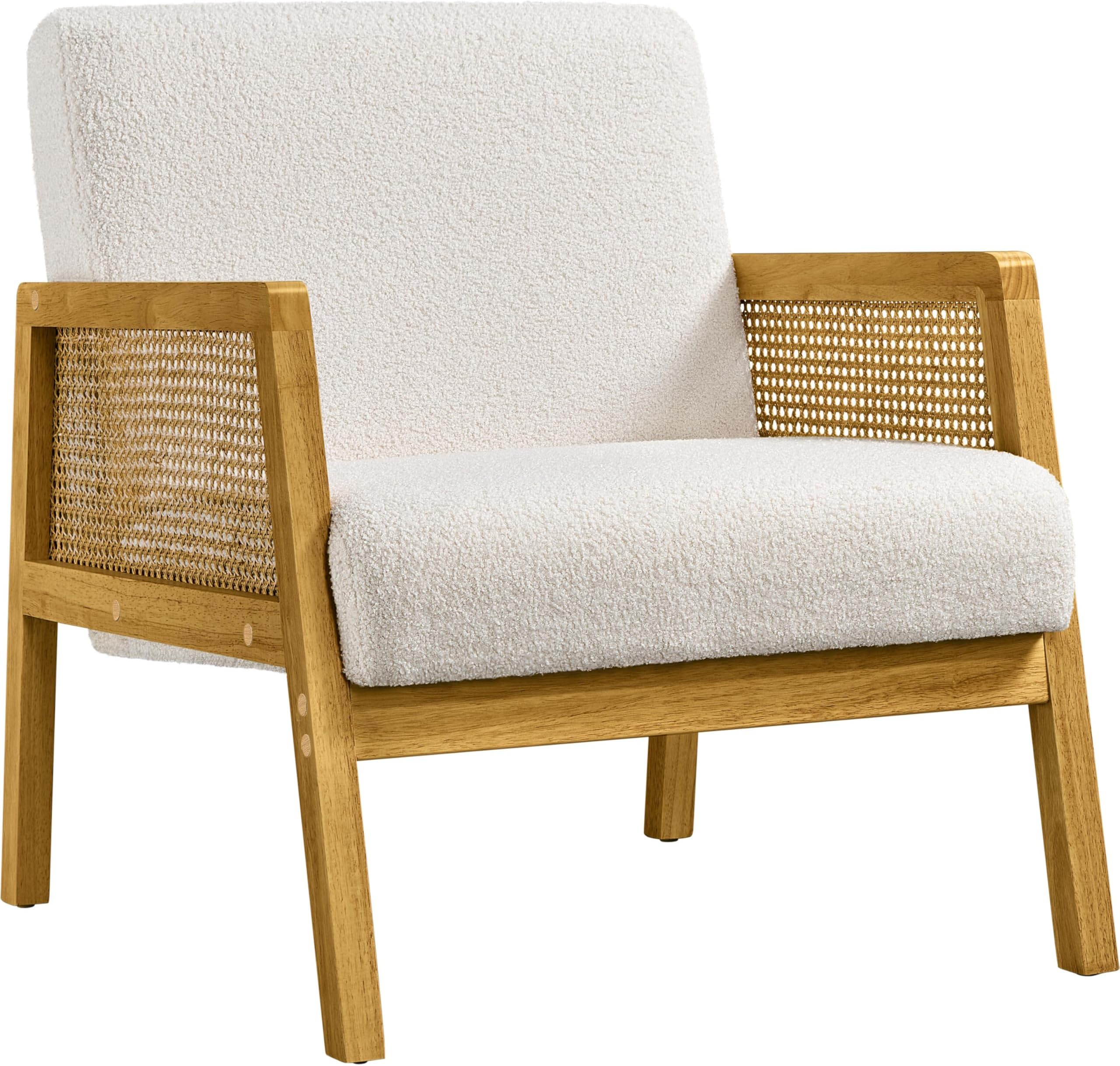 Yaheetech Boucle Fabric Accent Chair, Modern Armchair with Rattan Sides, Vintage Vanity Chair for Living Rooms, Bedrooms, Ivory