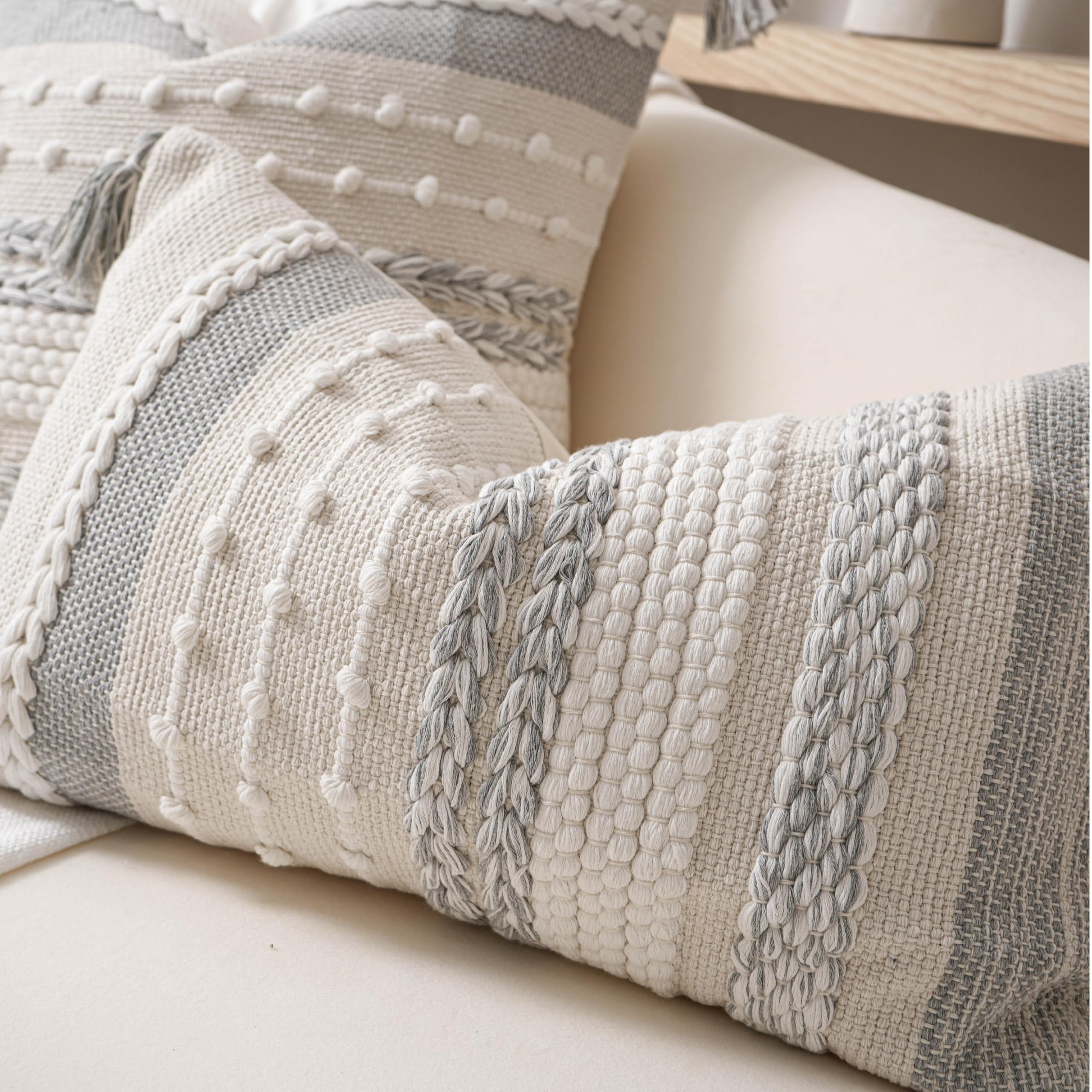BlissBlush Boho-Kissenbezug, dekorativ, quadratisch, Landhaus-Akzentkissen für Couch, Sofa, Wohnzimmer, Schlafzimmer, modernes Heimdekor, 45,7 x 45,7 cm, Grau, 1 Stück
