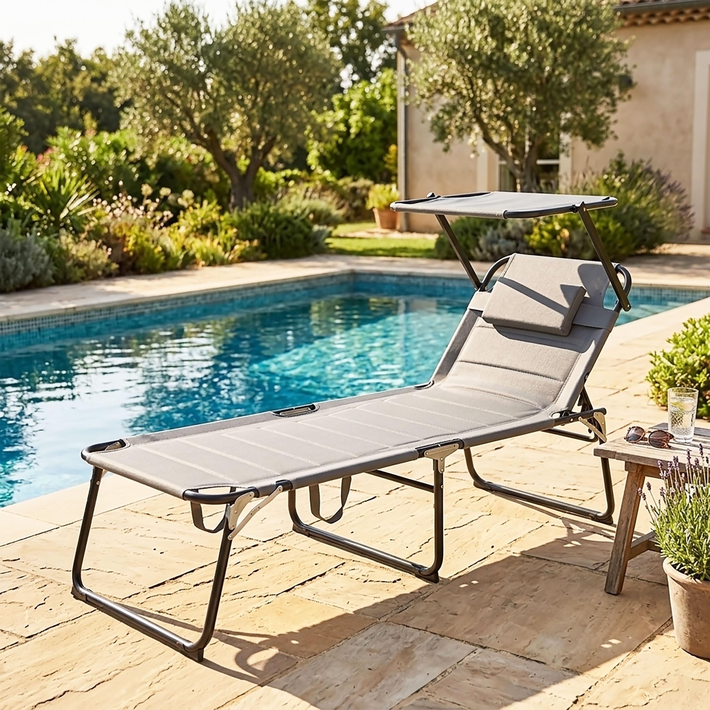 Spetebo XXL Aluminium Gartenliege mit Sonnendach - 200 x 70 cm - Grau | Sonnenliege gepolstert, mit Kopfkissen, Relax Garten Sonnen Liege, breite Liegefläche
