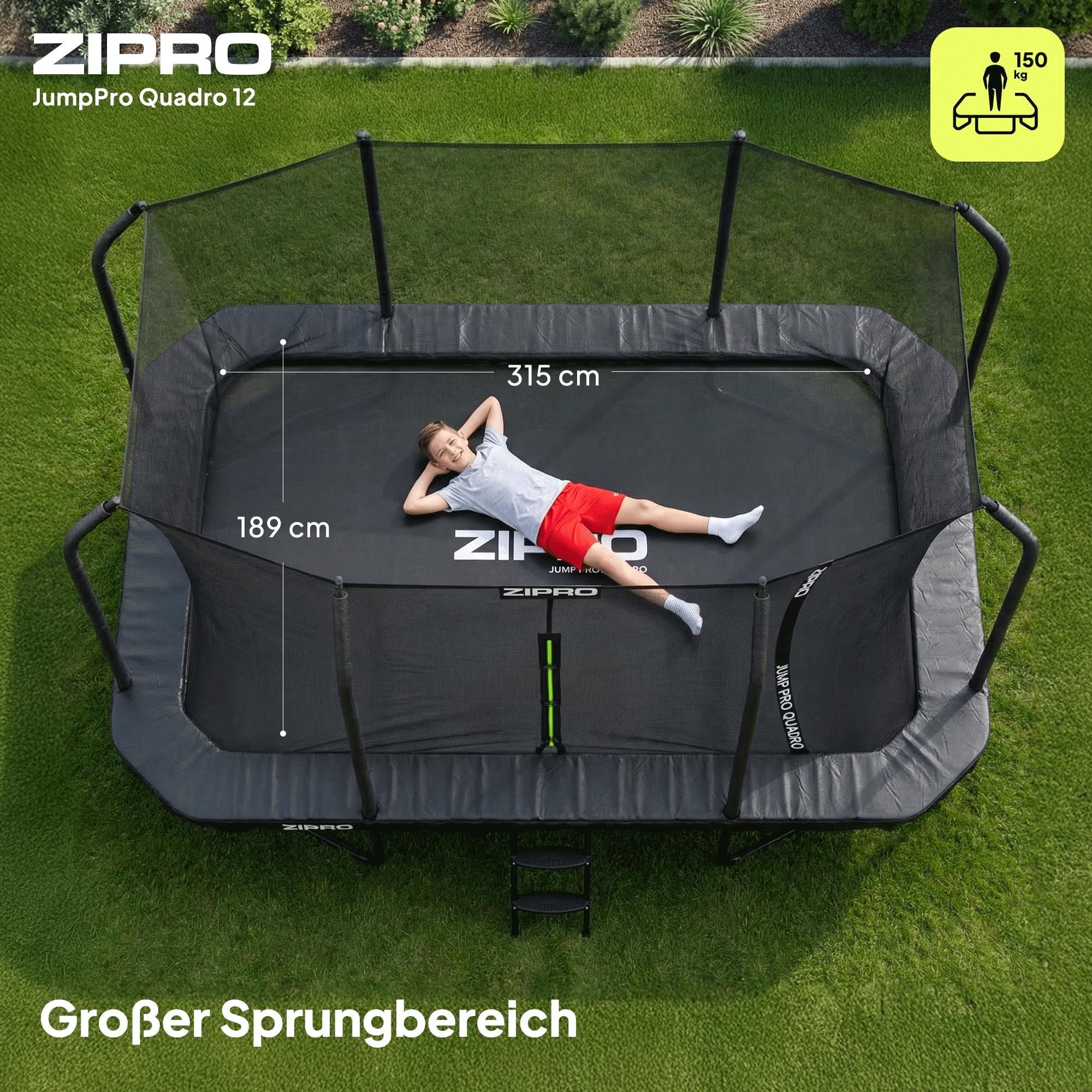 ZIPRO Trampolin Outdoor - Gartentrampolin Bodentrampolin Garten mit Trampolinnetz Trampolinmatte Trampolinleiter Netz Leiter 366/472 cm 12ft 14ft bis 150 kg Familientrampolin - Quadro