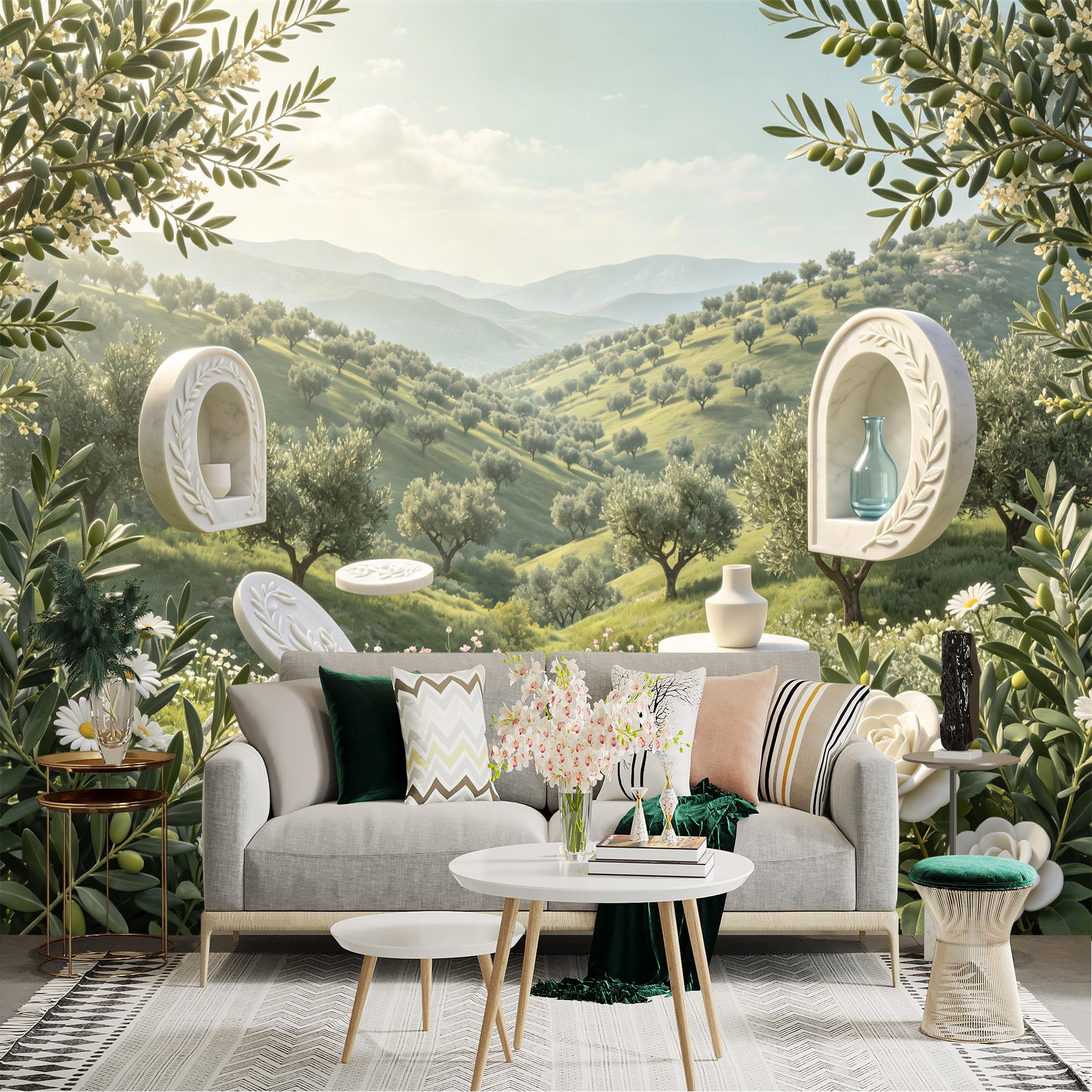 Lnzczhyre Bh260719294 Custom Size Wall Sticker Mural， Mediterranean Landscape， Rolling Green Hills， Floating Stone Shelves， Floral Garden View， For Wall Decoration， Peelandstick Wall Decals.