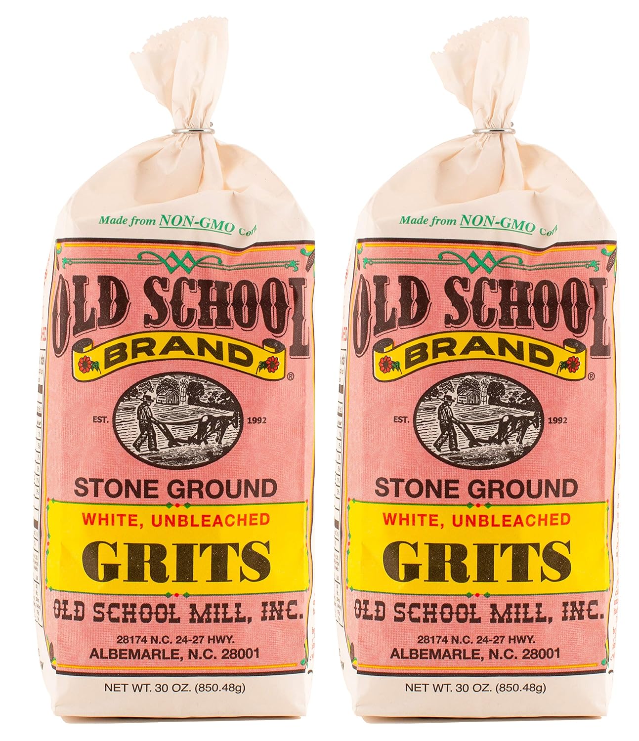 Old School Brand Stone Ground White Corn Grits | Non-GMO, Gluten Free, Medium-Coarse Ground | Southern Style Breakfast Grits, Made in USA, 30 Ounces Per Bag (Pack of)