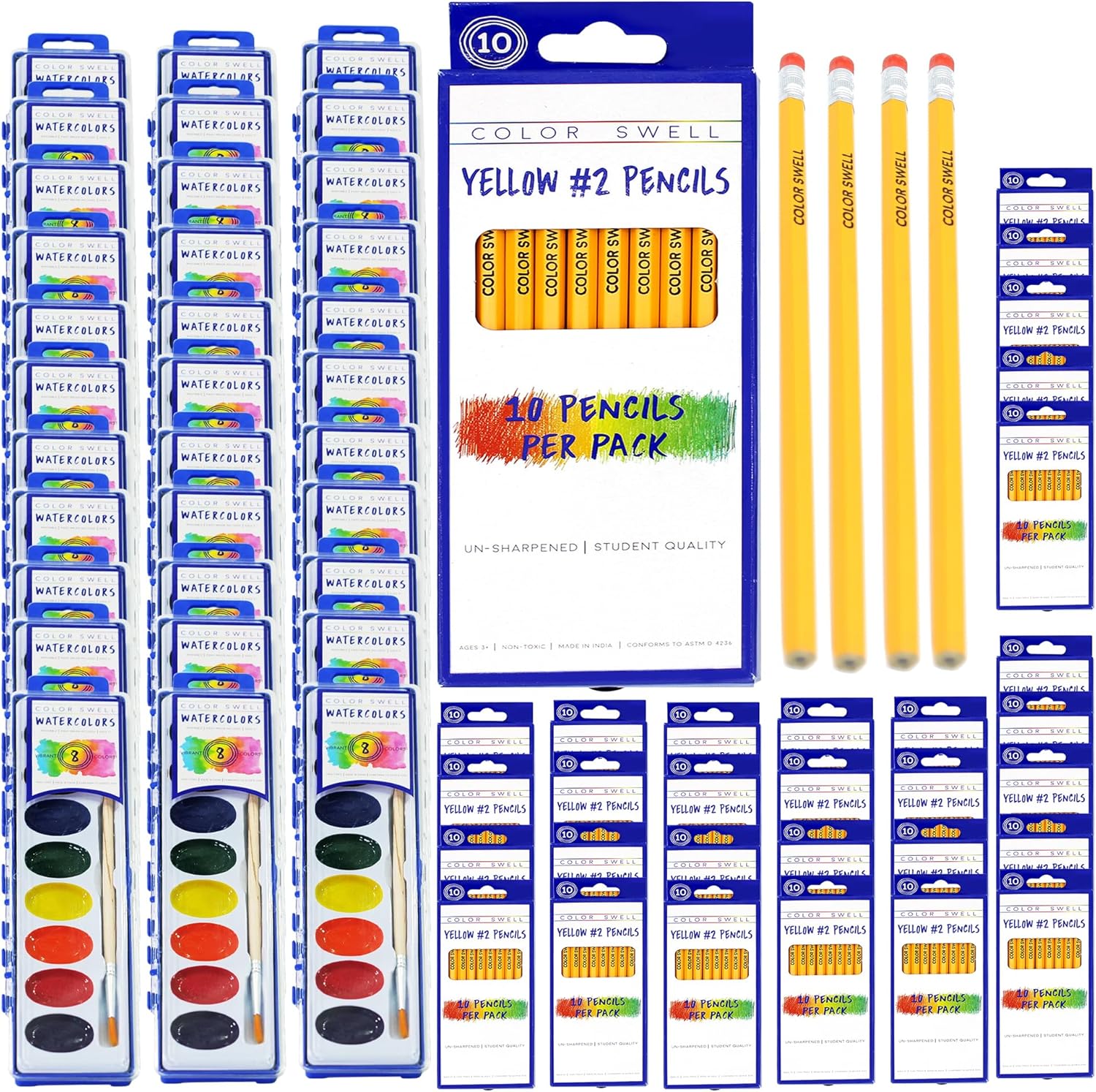 Color Swell Watercolor Paint & Bulk Colored Pencils Classroom Art Bundle - 36 Washable Watercolor Sets with Wood Brushes + 360 Pre-Sharpened Colored Pencils - Kids School Supplies & Art Kit