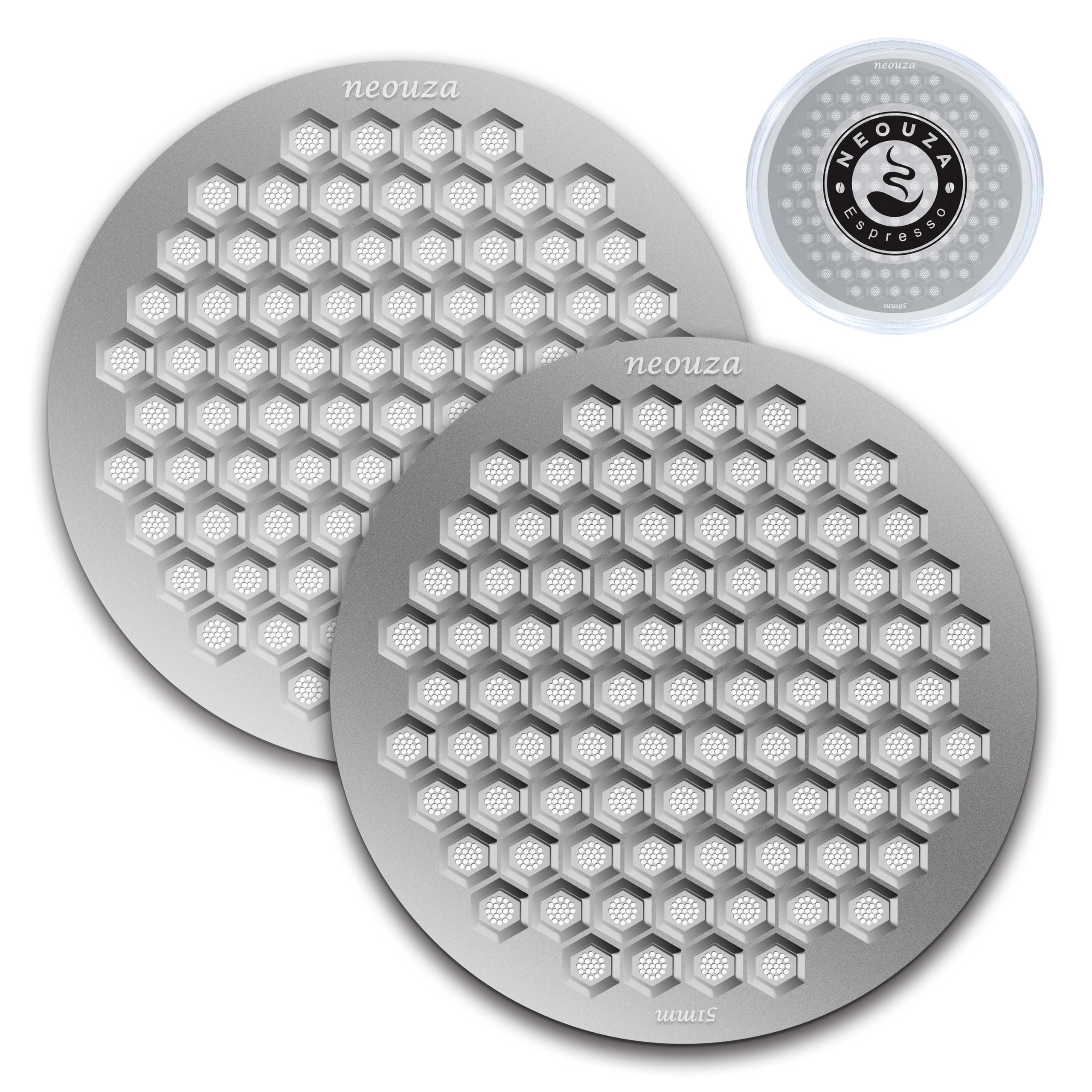 NEOUZA V4 Espresso Puck Screen 0.8mm Thickness Honeycomb Mesh Double Layer Stainless Steel for Coffee Portafilter Basket (2 pcs., Silver, 51mm)