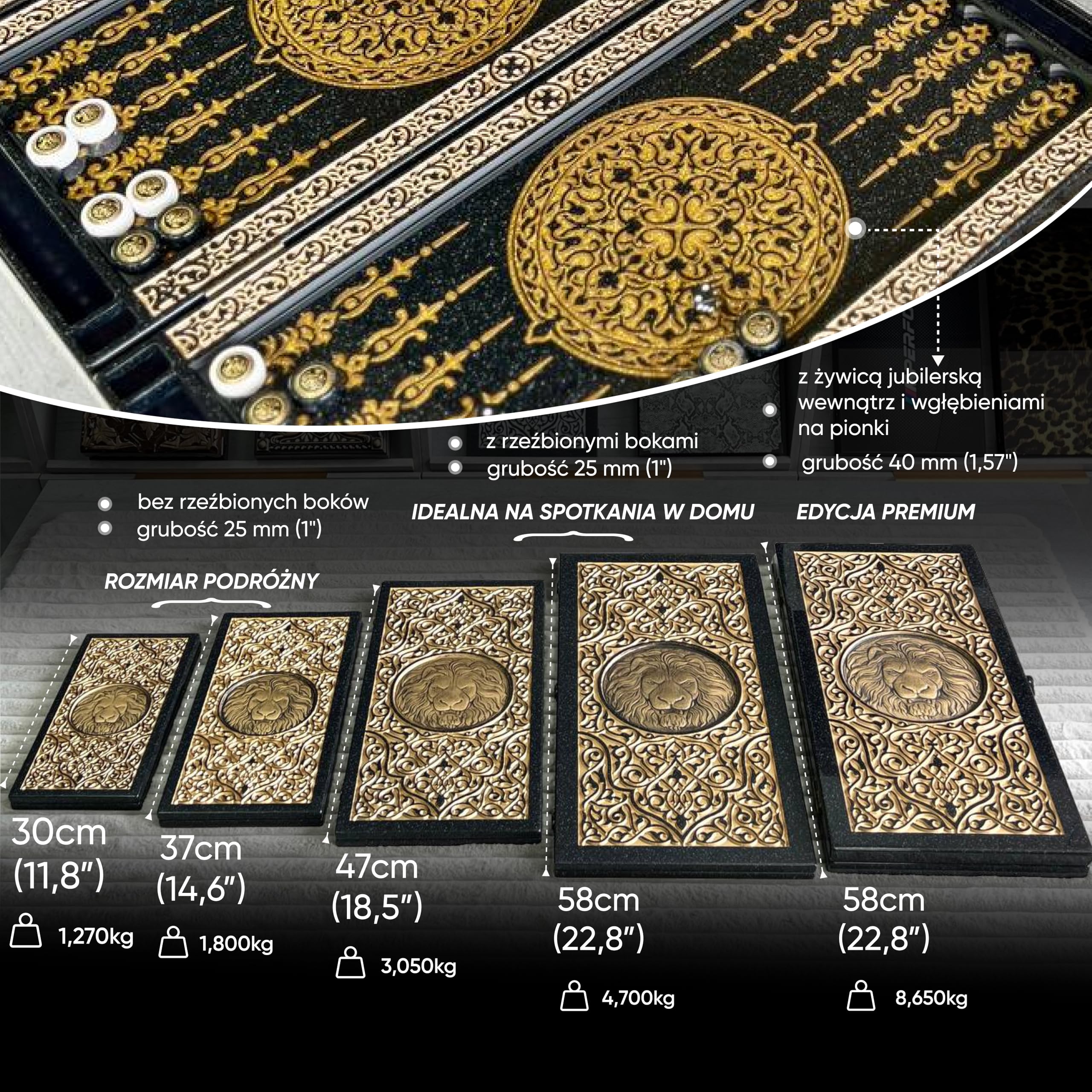 Luksusowy backgammon z kamienia akrylowego – ręcznie robiona gra strategiczna 47 × 23 cm torba i wartość edukacyjna Rozmiar: 47 cm (18,5 cala)