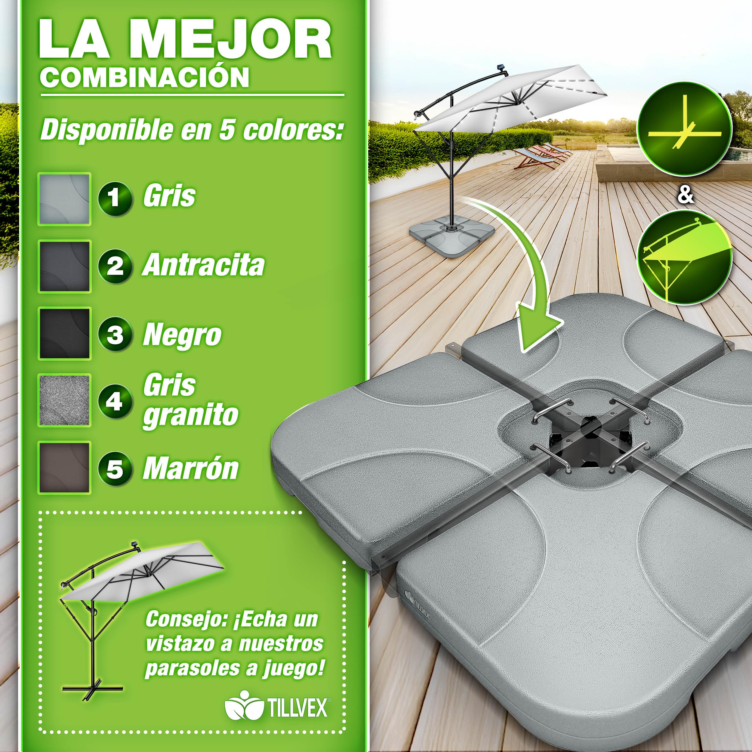 tillvex Soporte para sombrilla de 90 l/120 kg, 4 Piezas, Incluye Conector de Metal, Peso de la sombrilla rellenable con Agua o Arena, Resistente a la Intemperie