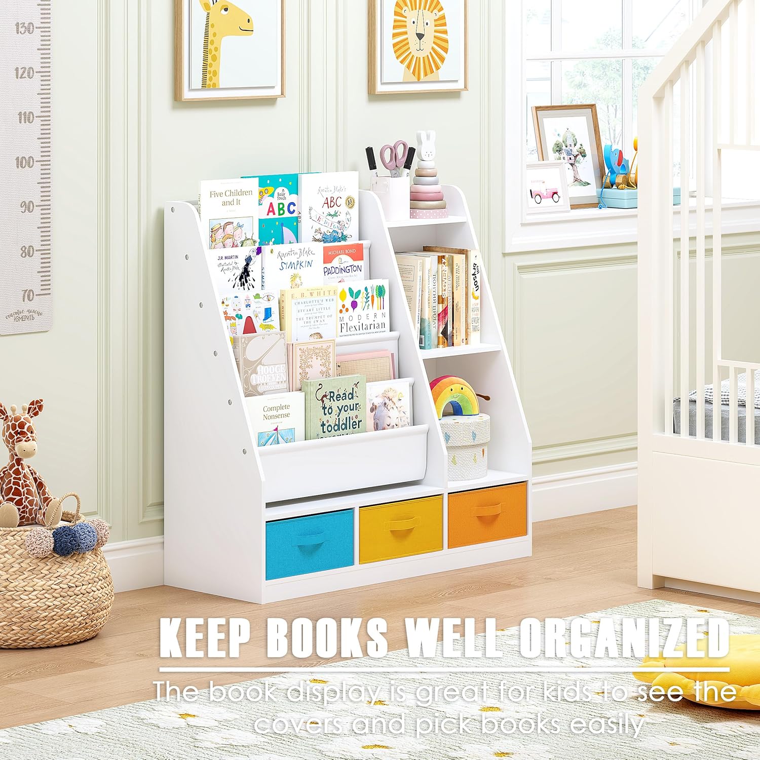 Spirich 5-Tier Kids Bookshelf with Storage Bins, Montessori Forward-Facing Book Display Toddler Bookcase, Wood Book Shelf for Kids Room, Classroom, Nursery, White