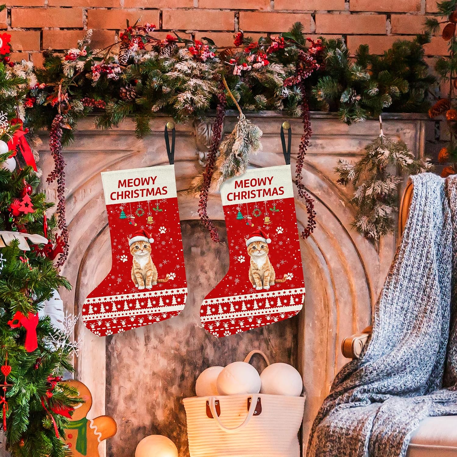 Orange Cat Gifts Christmas Stocking, Orange Tabby Christmas Decorations Stockings, OrangeTabby MeowyChristmas Decor Xmas Hanging Stockings, ChristmasGifts for OrangeCat Lovers Owners Women Men