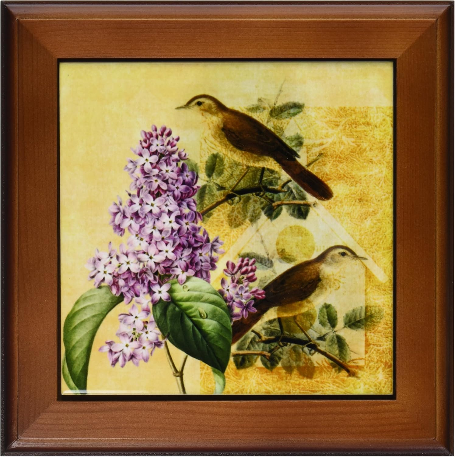 3dRose ft_123519_1 Lilac Flowers and Birds Vintage Framed Tile, 8 by 8-Inch