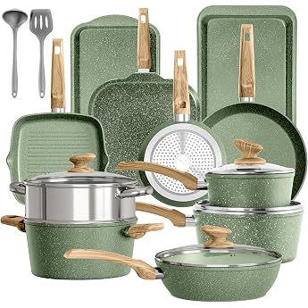 Kitchen Academy 17-Piece Induction Cookware Set with Glass Lids and Granite Coating Including Pans and Pots (Green, 17 Pieces