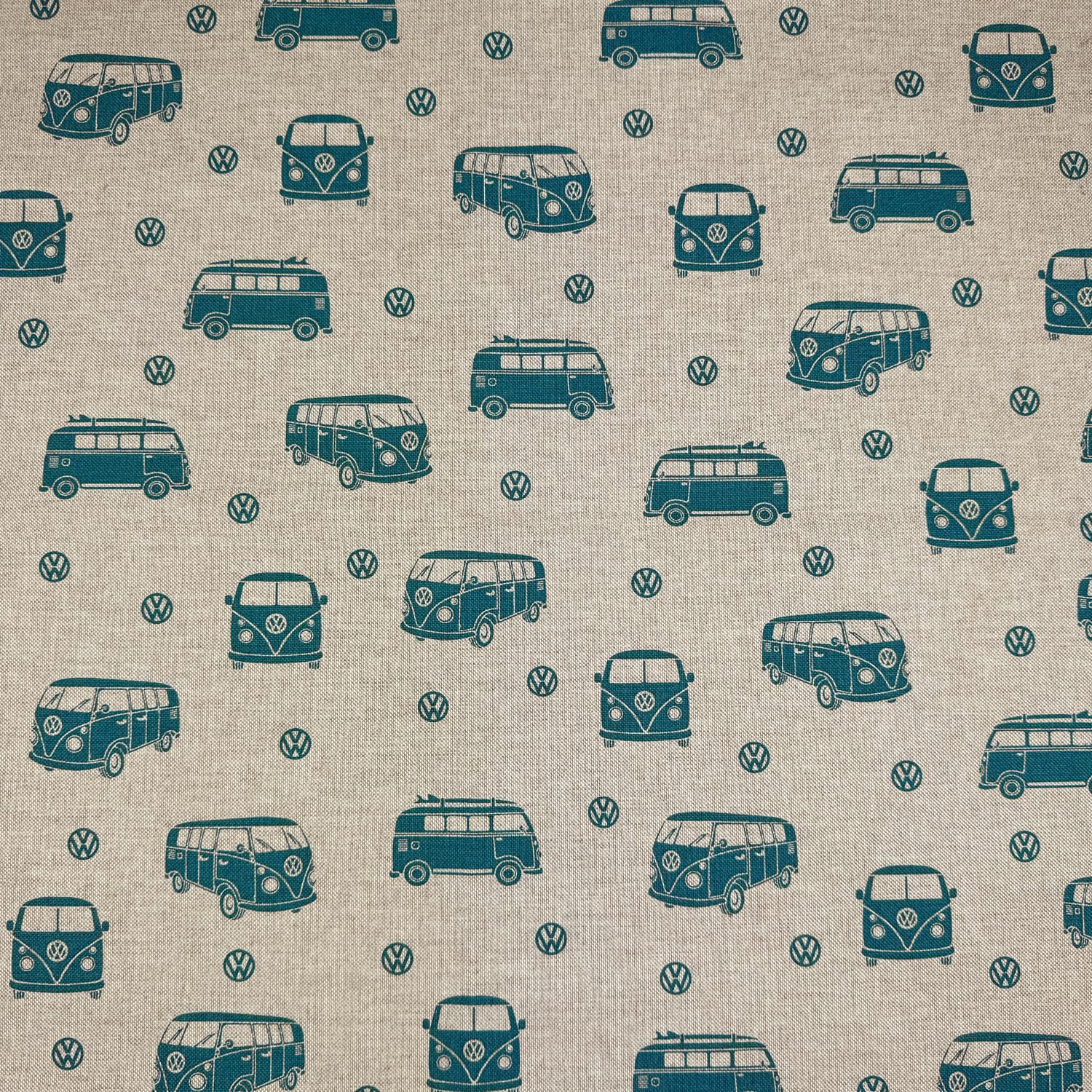 Canvas Fabric - Surfing Blue Camper Van Print on Natural Linen Look Fabric Material Metre, Multicoloured, 140cm