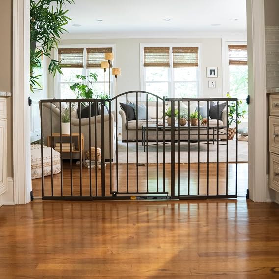 بوابة أطفال وبوابة كلاب عريضة للغاية من Ingenuity Decorative، بعرض 44-72 بوصة، وارتفاع 36 بوصة، مثبتة بالأجهزة، مثبتة في الممرات أو أسفل السلالم أو الفتحات الكبيرة - برونزية