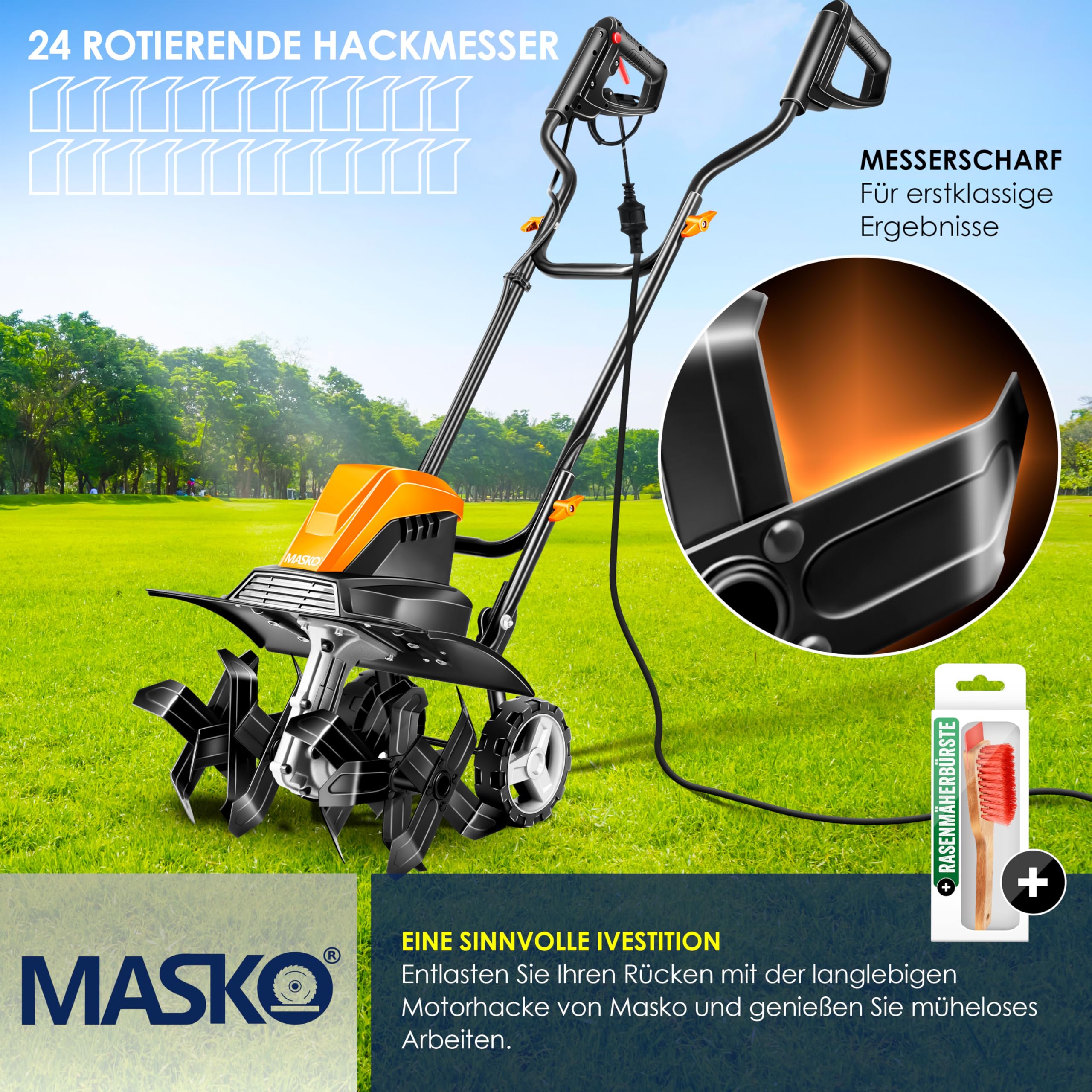 MASKO® Motozappa elettrica 1500W | larghezza di lavoro 45 cm - profondità di lavoro 20 cm | zappatrice per terreno | fresatrice agricola - coltivatore - fresa da giardino | zappatrice elettrica
