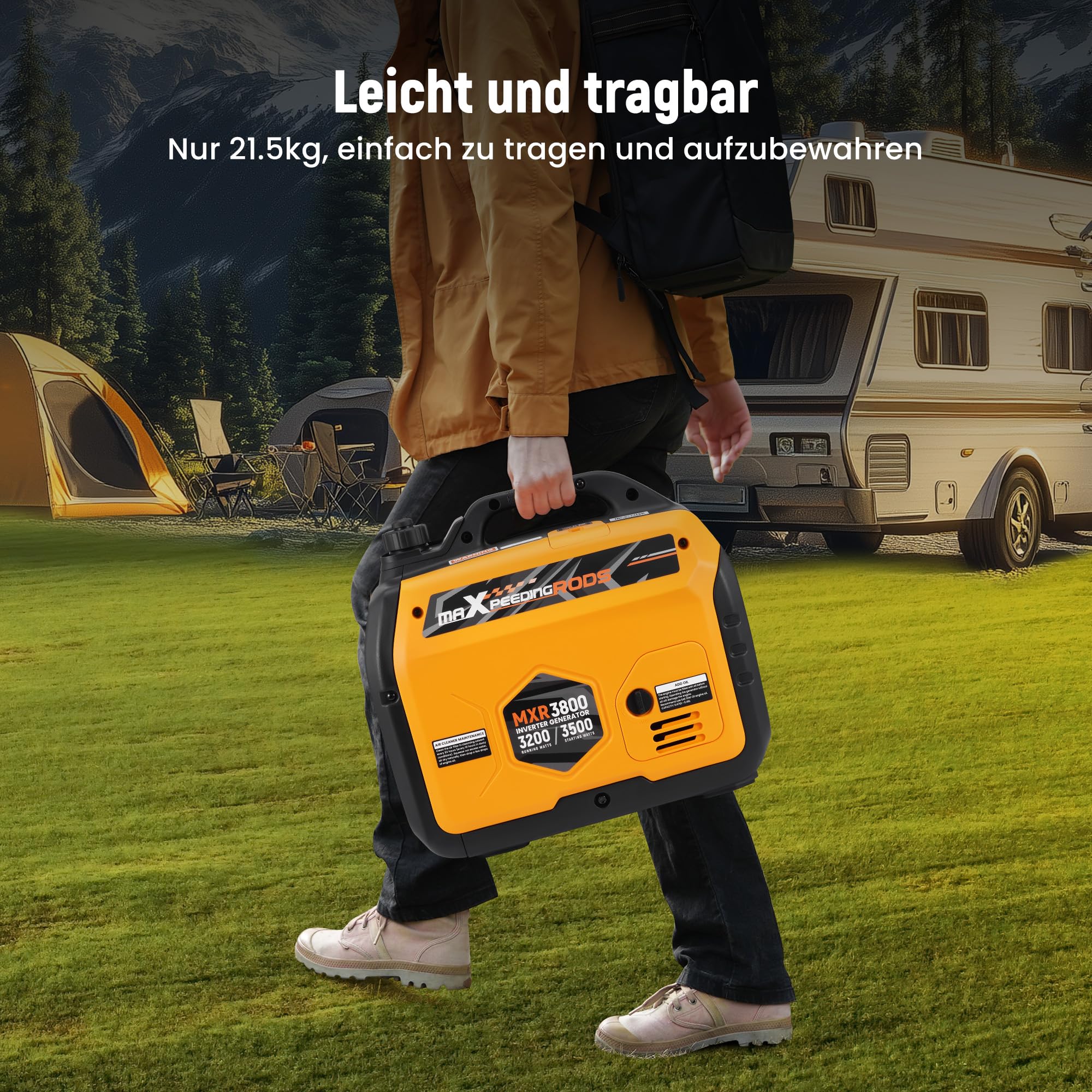 maXpeedingrods Inwerterowy generator prądu 3500 W, lekki i mobilny | agregat prądotwórczy na benzynę, tryb ECO z 2 x 230 V / 2 x USB / 1 x 12 V DC gniazda wtykowe na kemping, festiwale, podróże